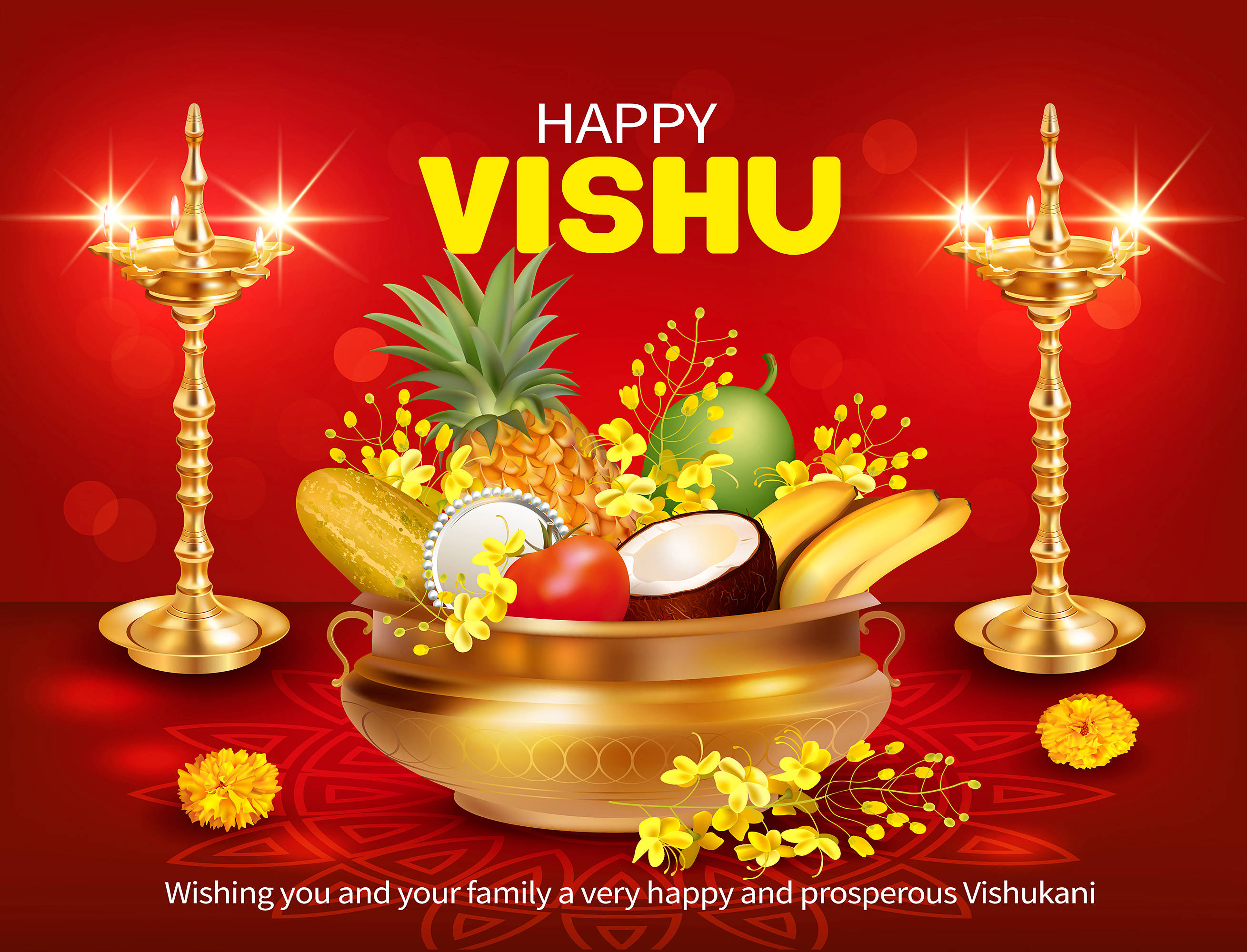 Vishu, golden diya lamps, bowl overflowing with tropical fruits, 2K Desktop Wallpaper