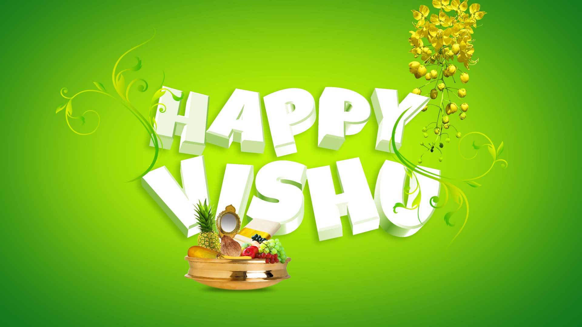 Happy Vishu, green, 3D white 'HAPPY VISHU' text, Full HD Desktop Wallpaper