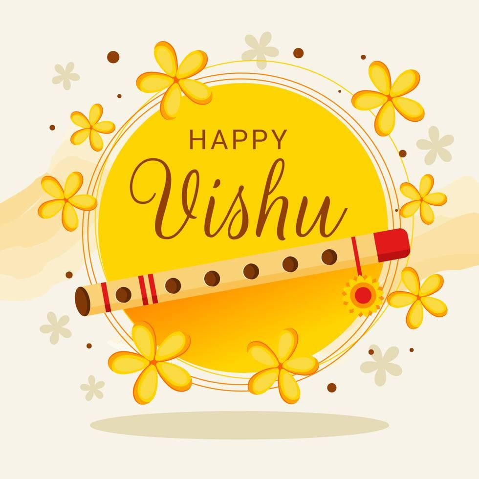 Happy Vishu, yellow circle, flute, SD Desktop Wallpaper