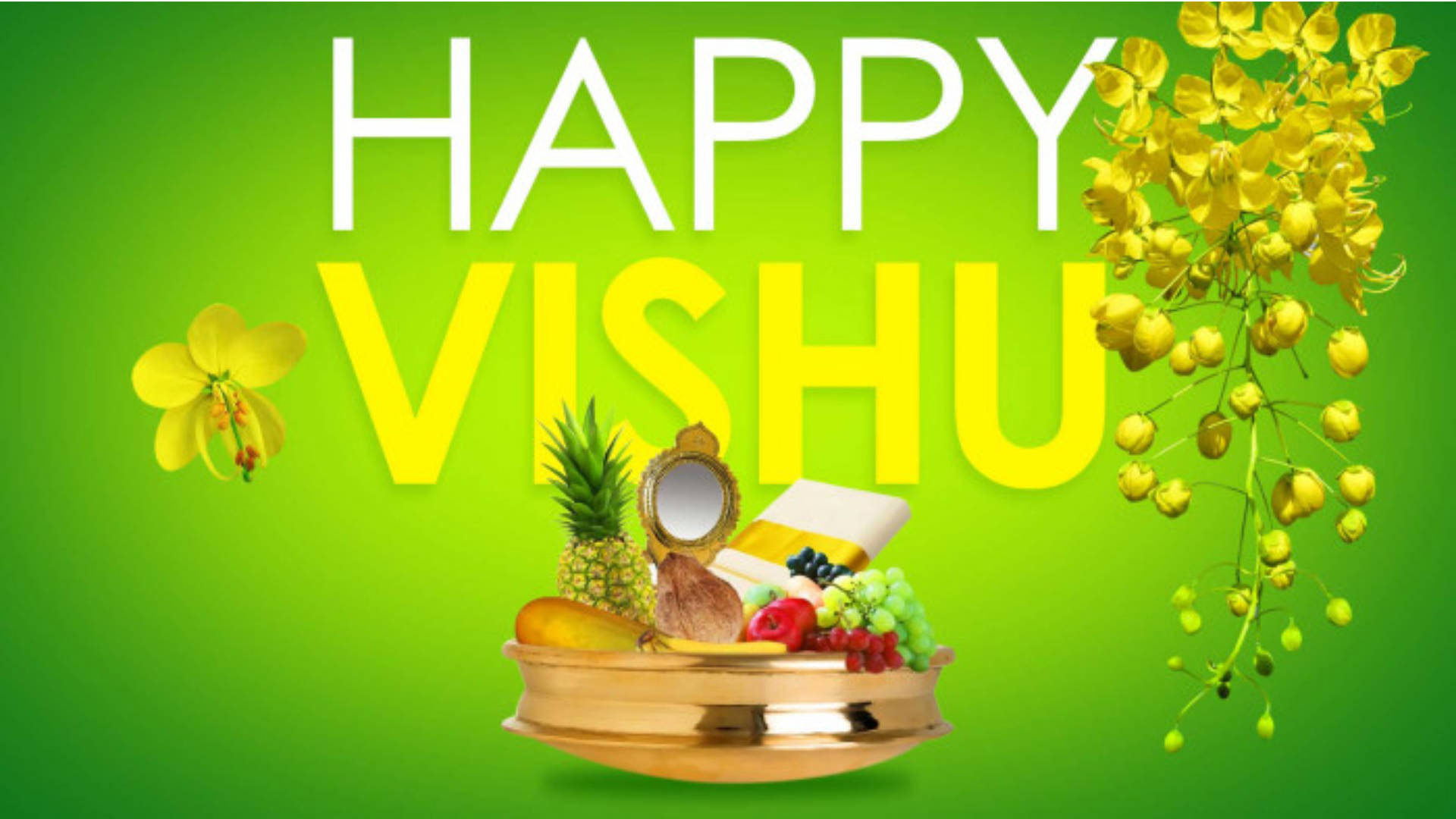 HAPPY VISHU, golden plate, fresh fruits, Full HD Desktop Wallpaper