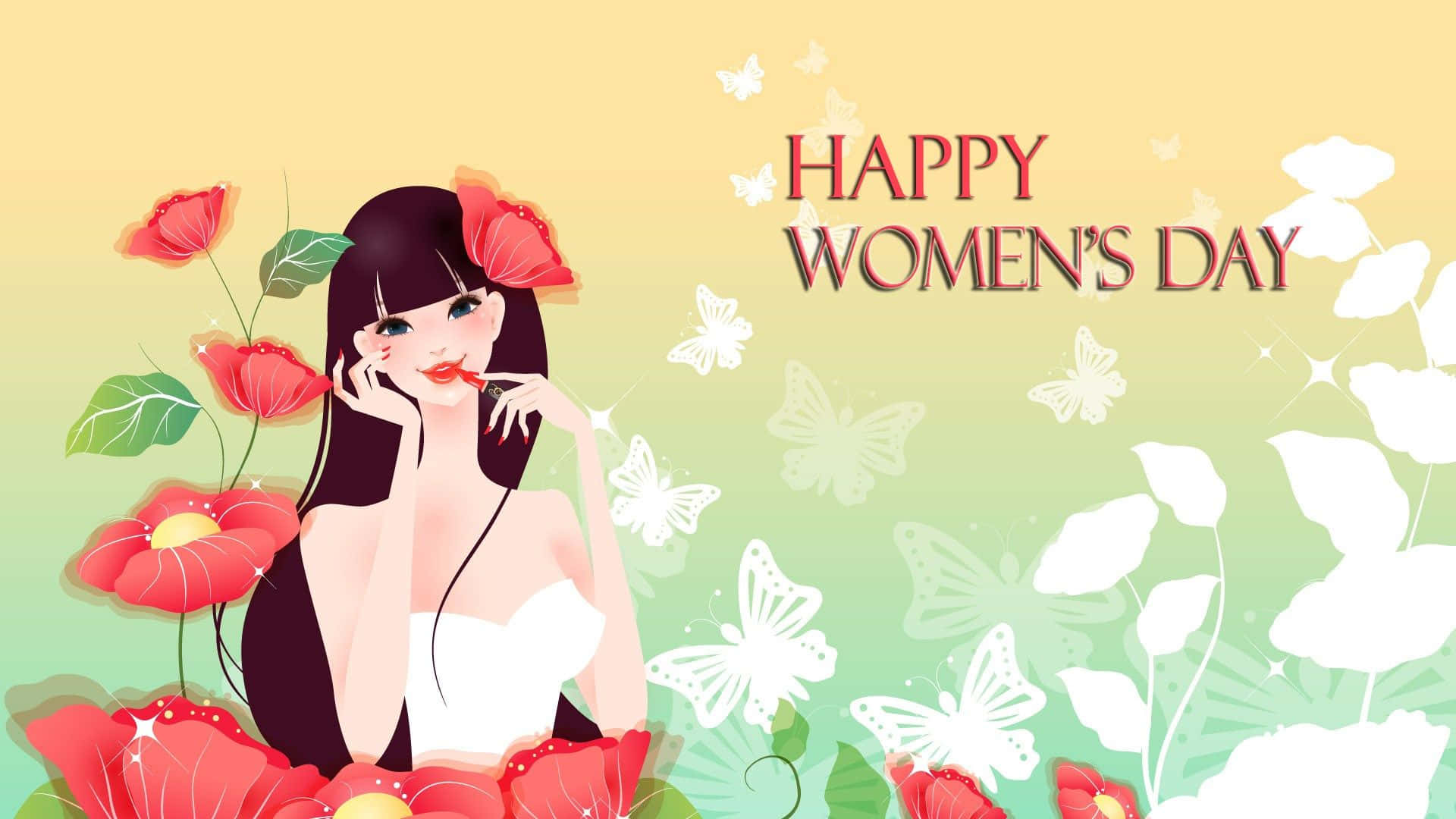 Happy Womens Day, cheerful illustrated woman, dark hair, Full HD Desktop Wallpaper