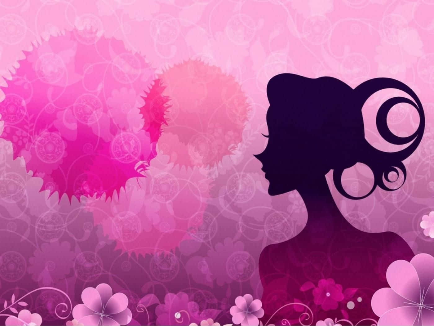 pink silhouette, woman, ornate hair, HD Desktop Wallpaper