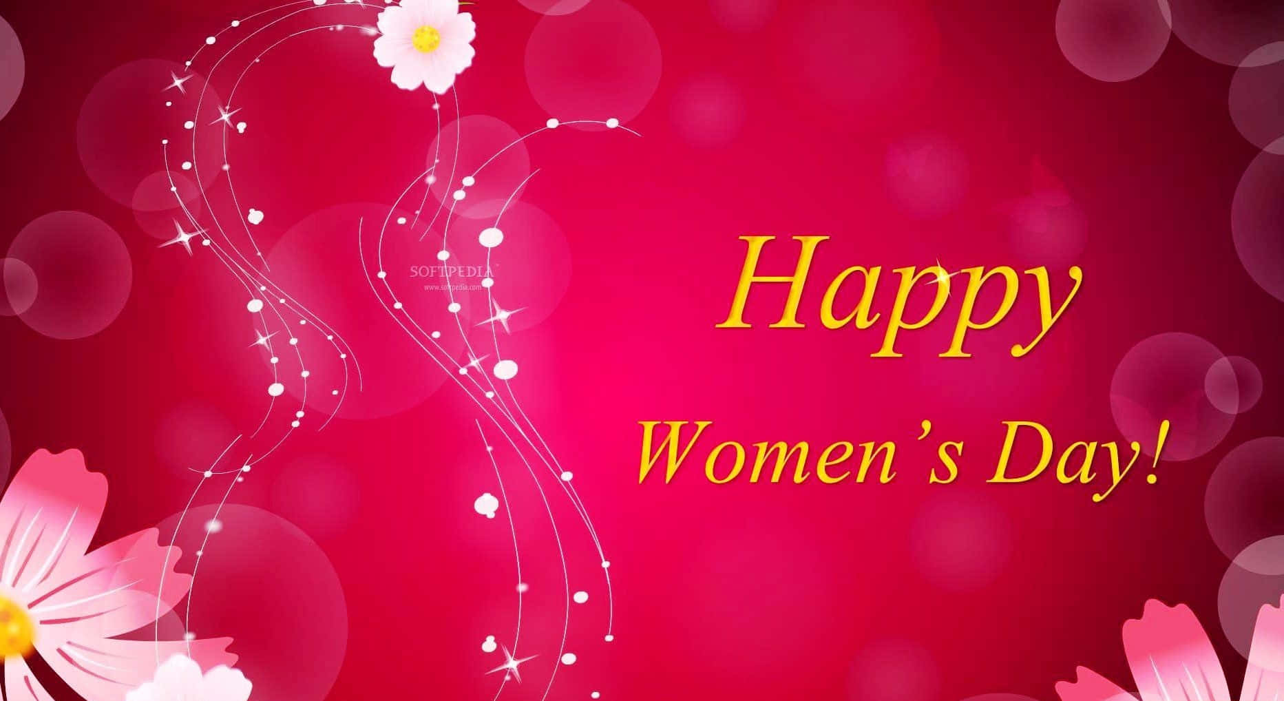 Happy Women's Day, vibrant red background, sparkling floral swirls, HD Desktop Wallpaper