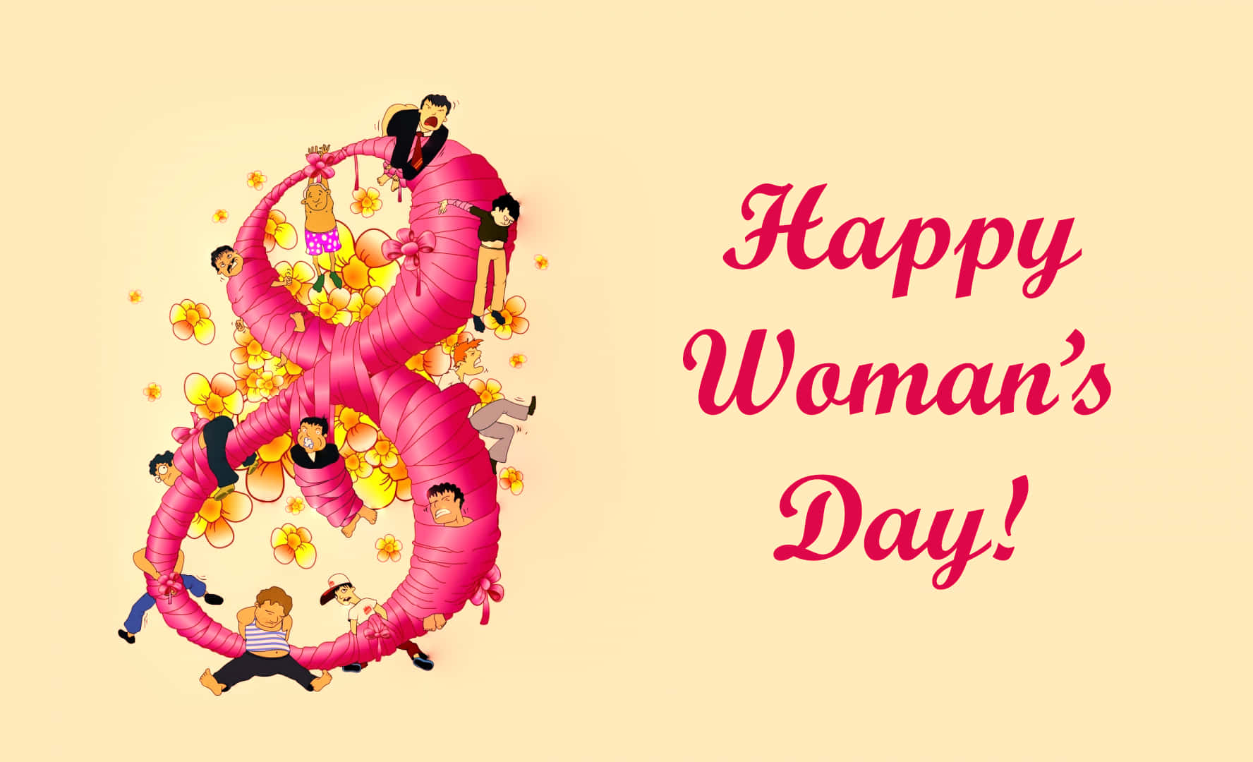 vibrant pink ribbon, number 8, cartoon people, HD Desktop Wallpaper