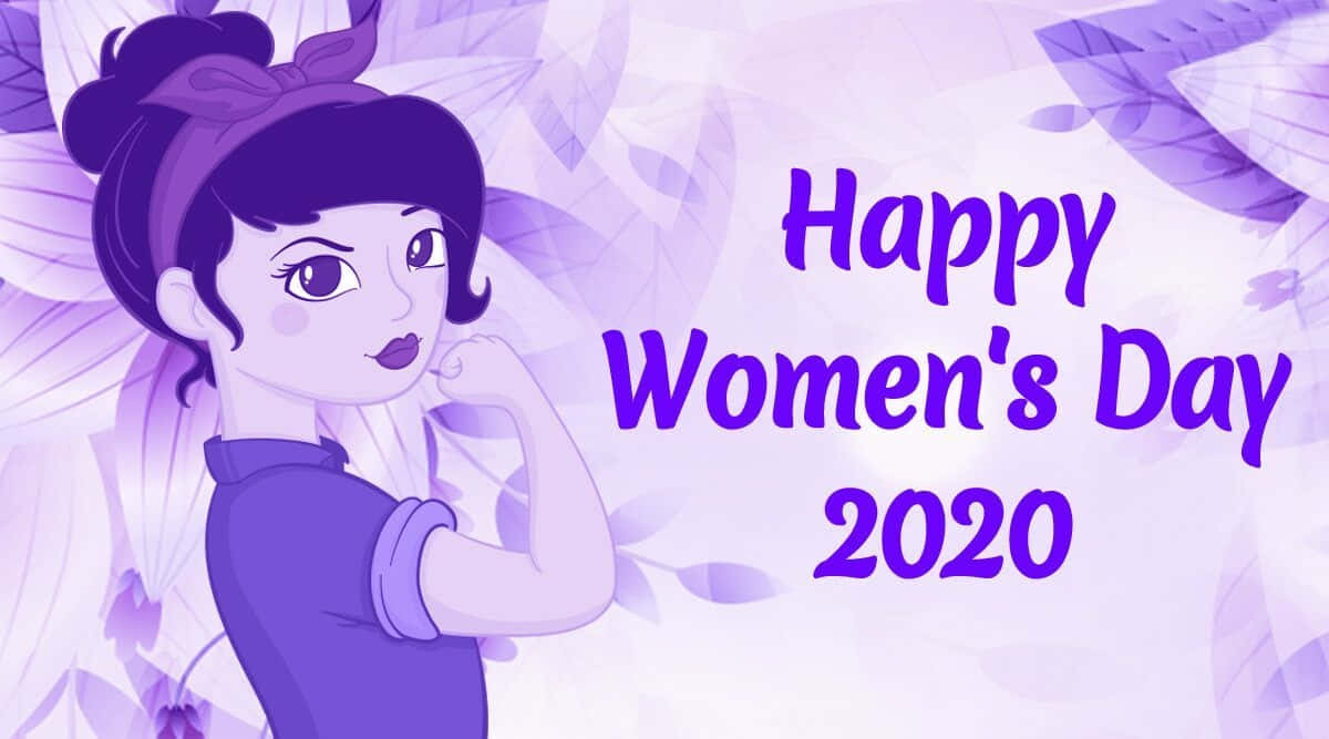 Happy Women's Day 2020, purple illustrated woman, flexes her bicep, SD Desktop Wallpaper