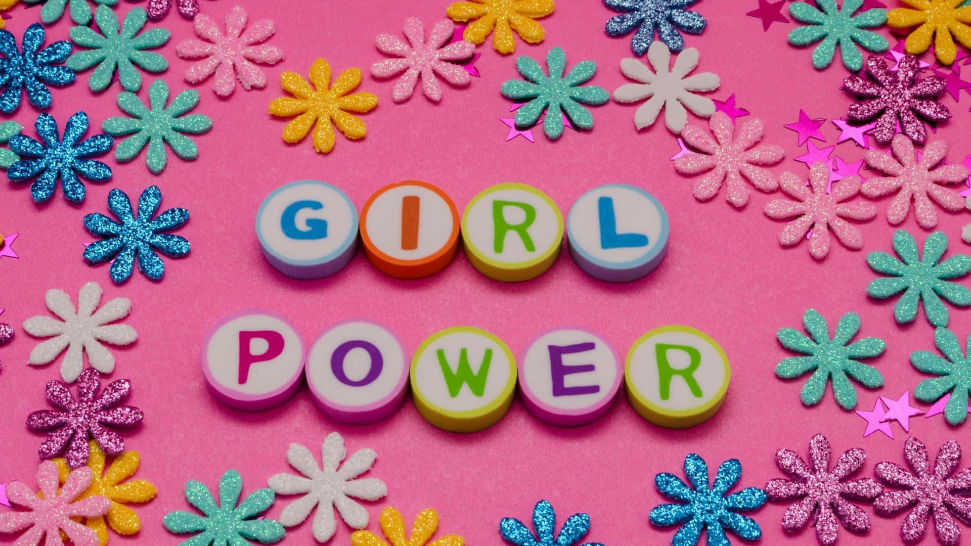 GIRL POWER, glittery flowers, vibrant pink background, Full HD Desktop Wallpaper