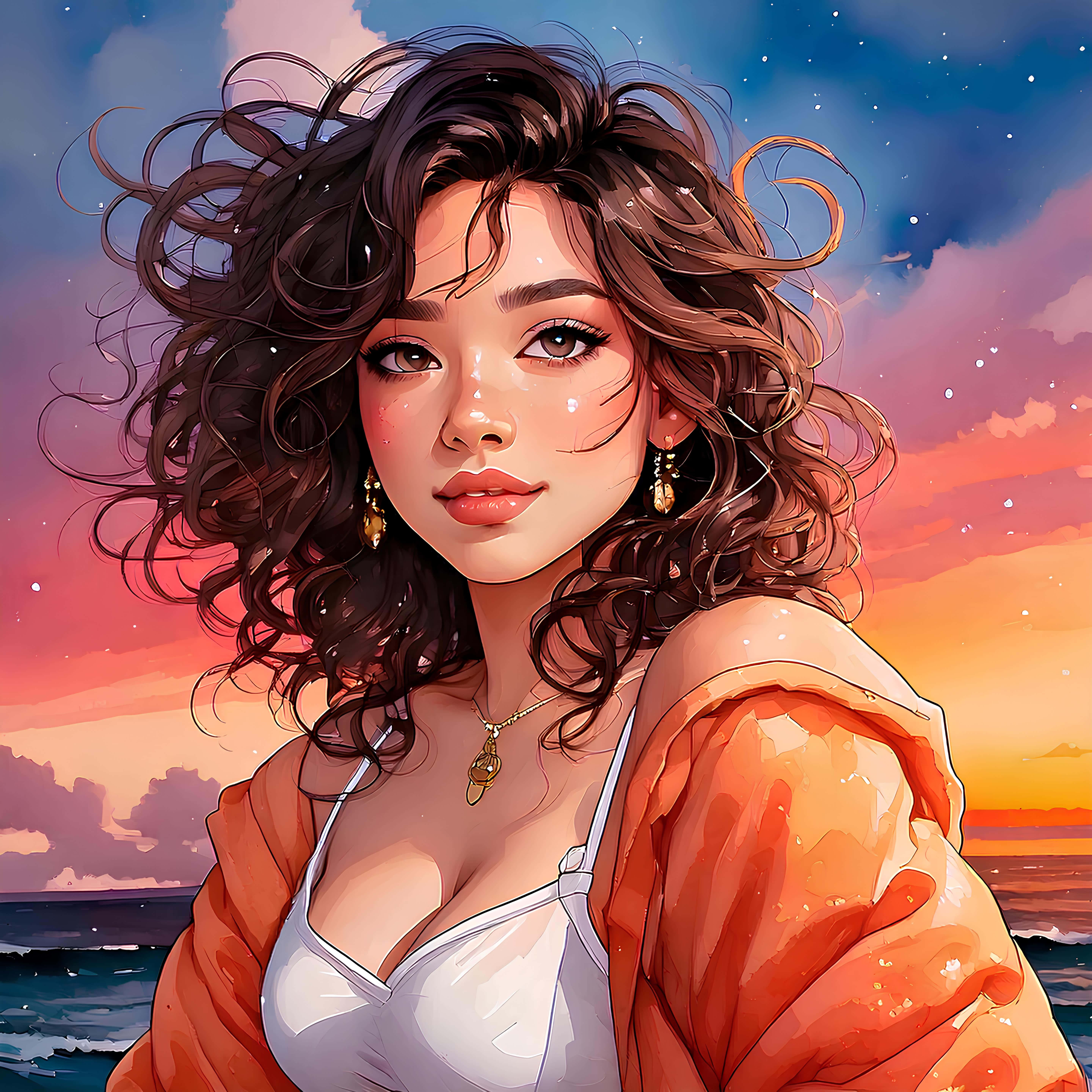 curly brown hair, gold jewelry, ocean, 5K Desktop Wallpaper
