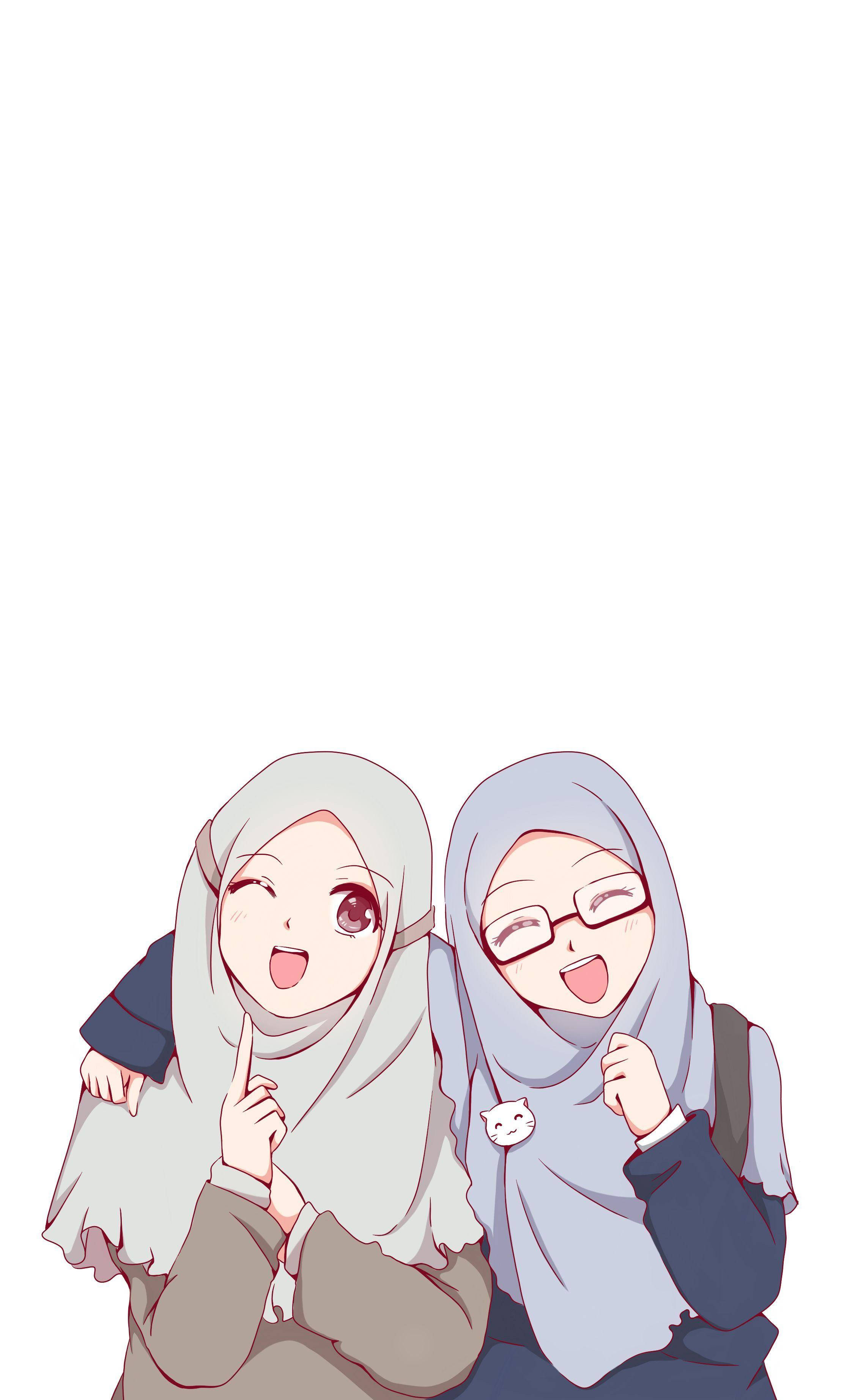 hijab, anime girls, bright smiles, 2K Phone Wallpaper
