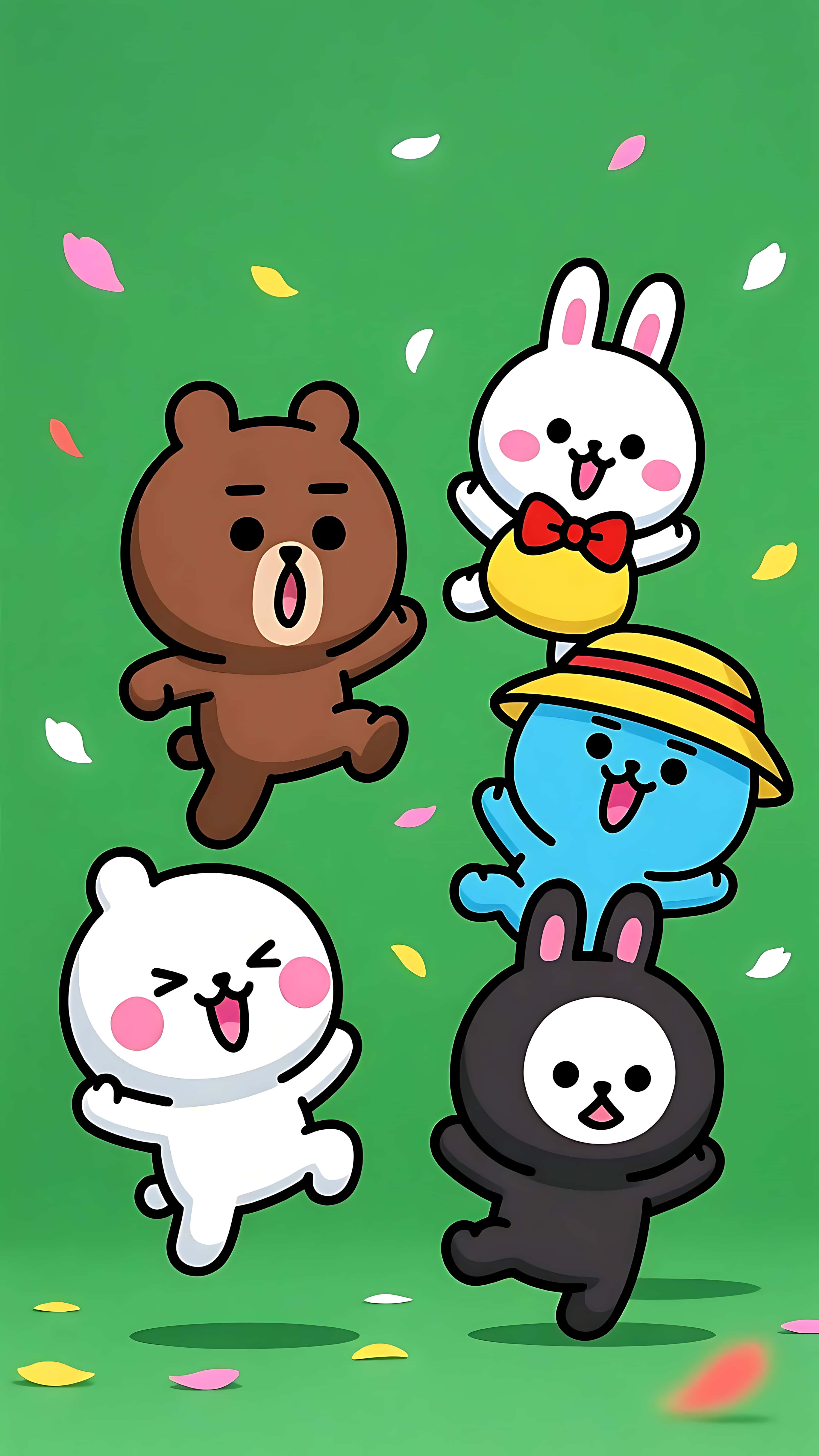 cartoon animal characters, green background, colorful falling petals, 5K Phone Wallpaper