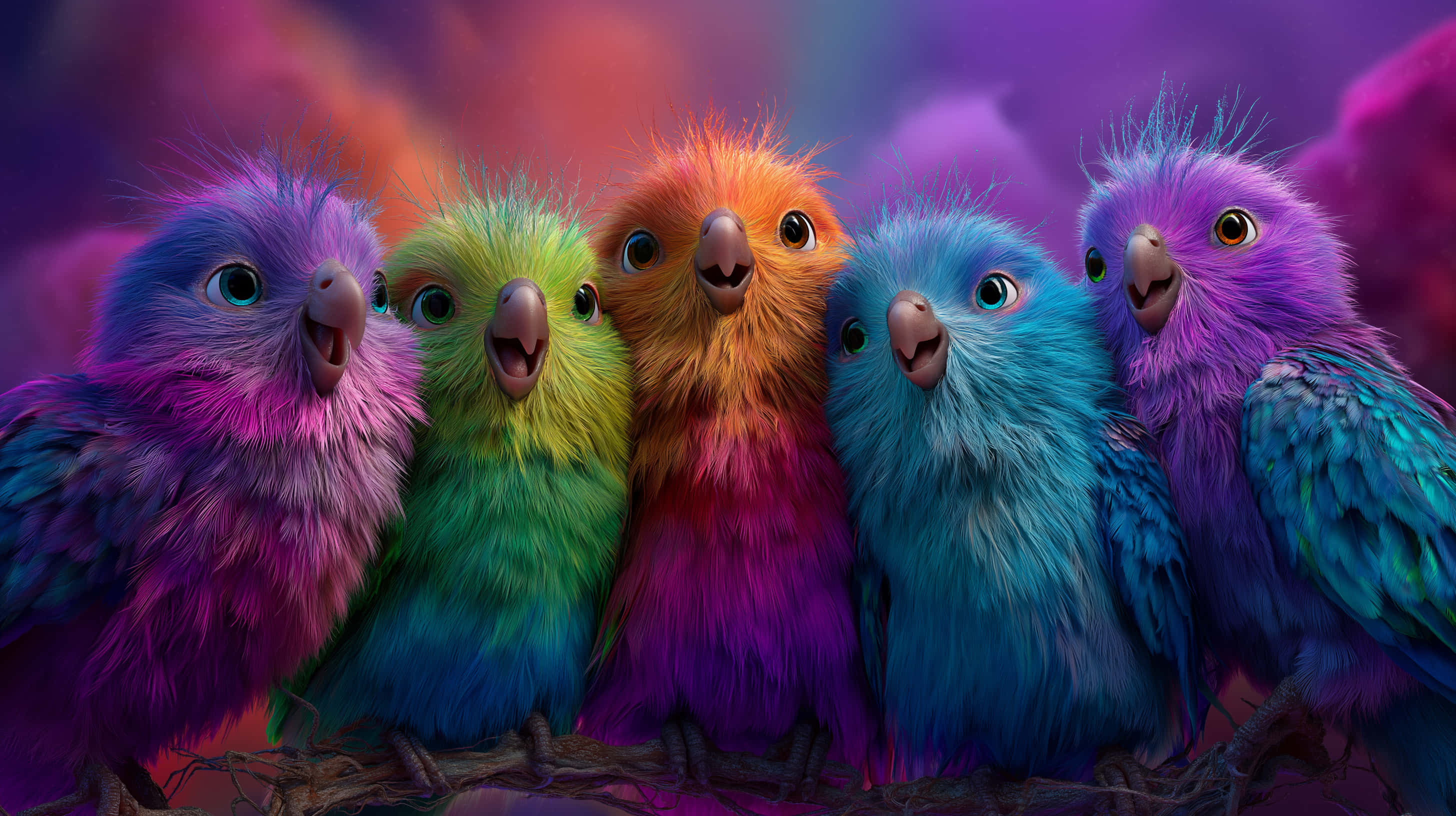 five cheerful fluffy birds, rainbow-colored birds, branch, 2K Desktop Wallpaper