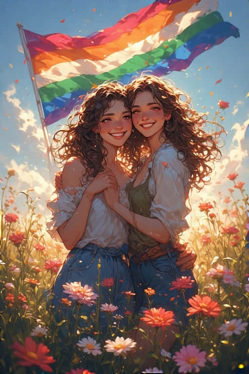 lesbian couple, pride flag, rainbow flag, SD Phone Wallpaper