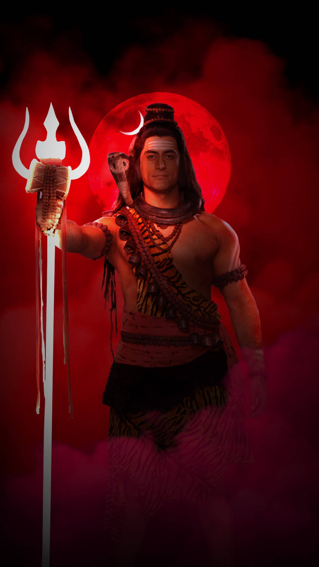 Har Har Mahadev, glowing trident, blood red moon, Full HD Phone Wallpaper