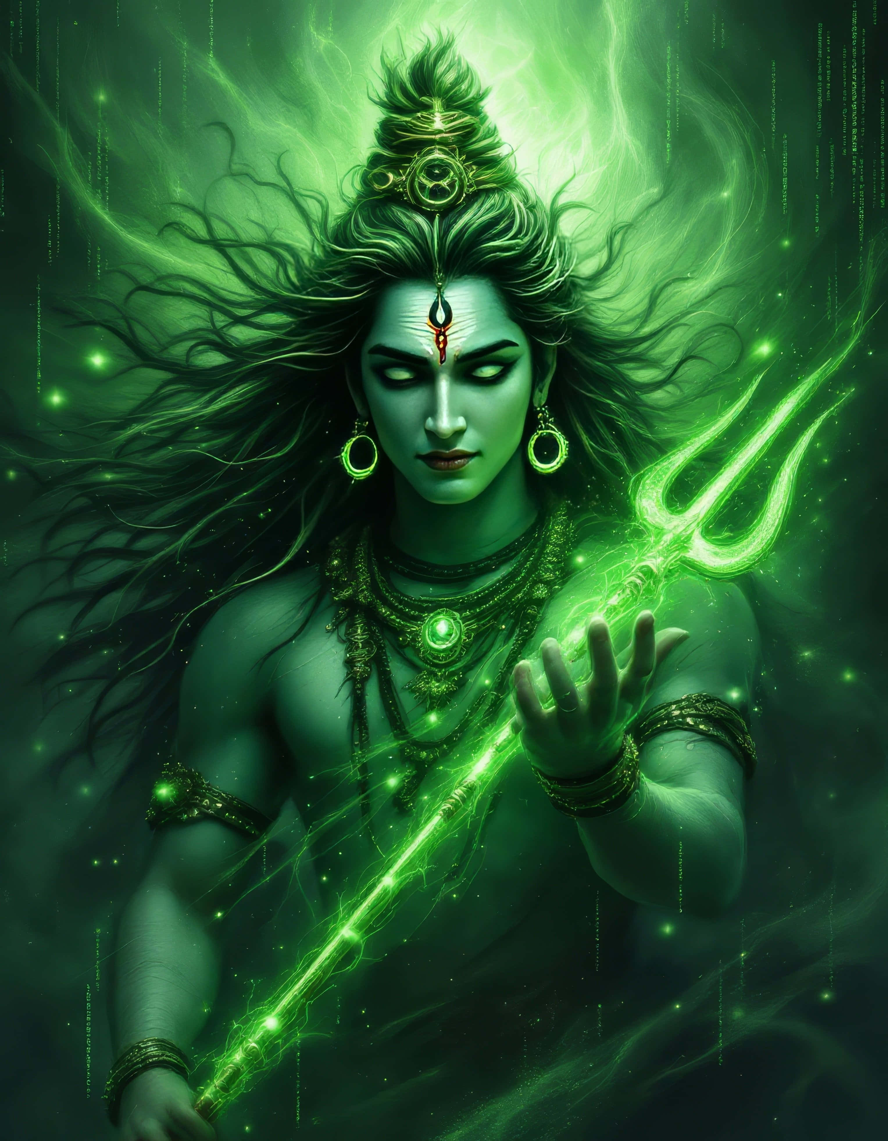 Mahadev, green hair, glowing trident, 4K Phone Wallpaper