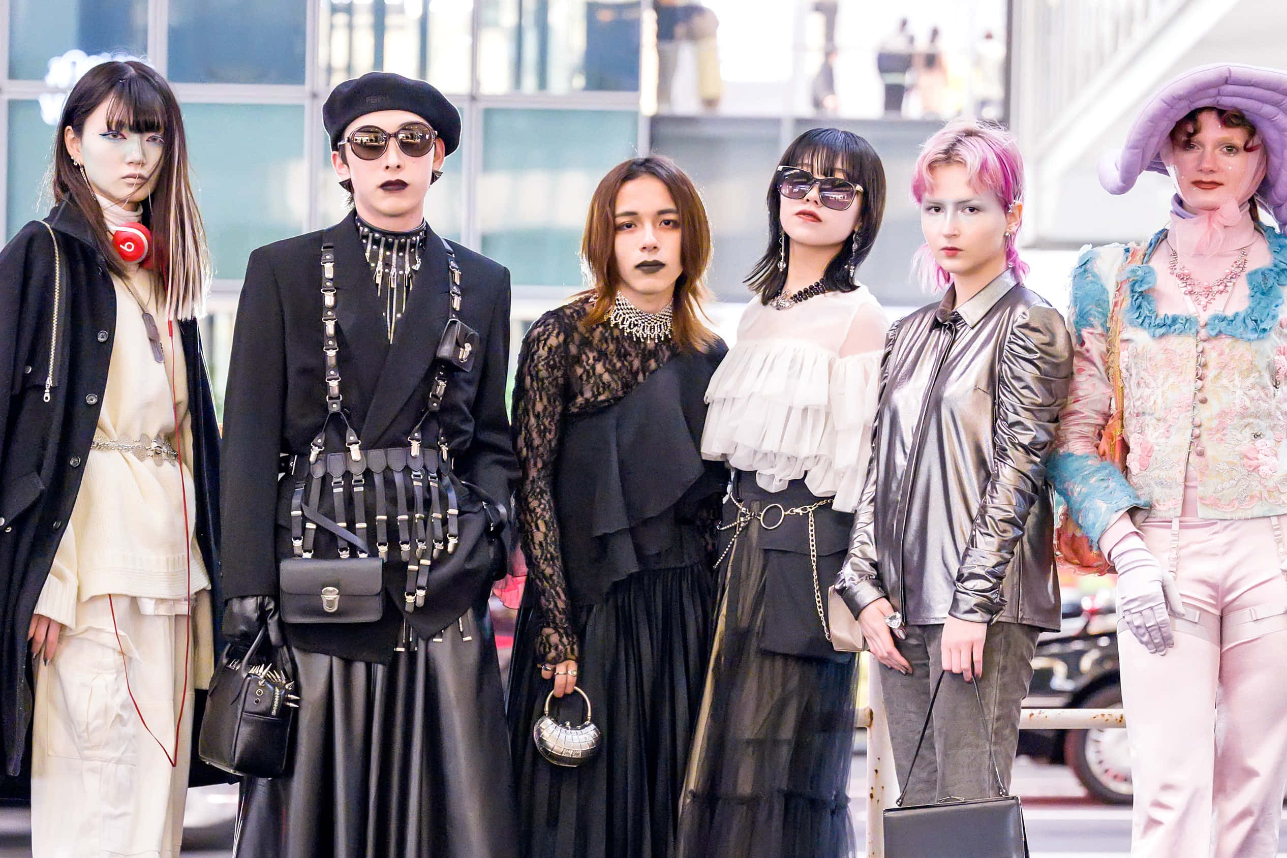 Harajuku Fashion, avant-garde outfits, modern glass building, Full HD Desktop Wallpaper