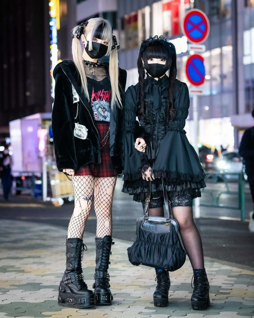 Harajuku Fashion, neon-lit urban sidewalk, night, HD Phone Wallpaper