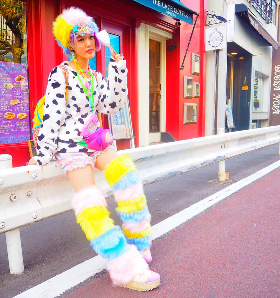 Harajuku Fashion, rainbow thigh-high boots, cow print outfit, SD Phone Wallpaper