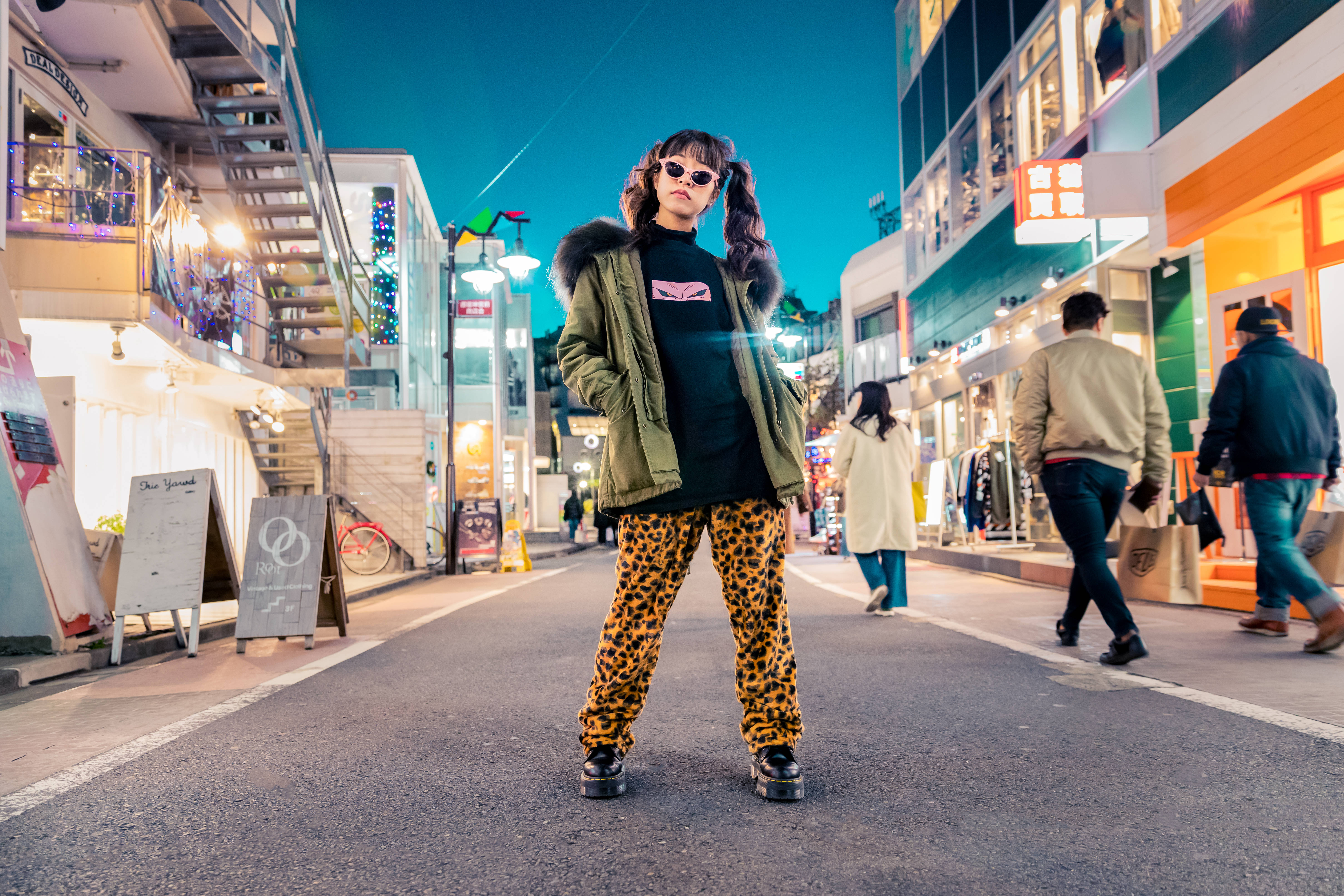 leopard pants, green jacket, neon-lit urban street, 5K Desktop Wallpaper