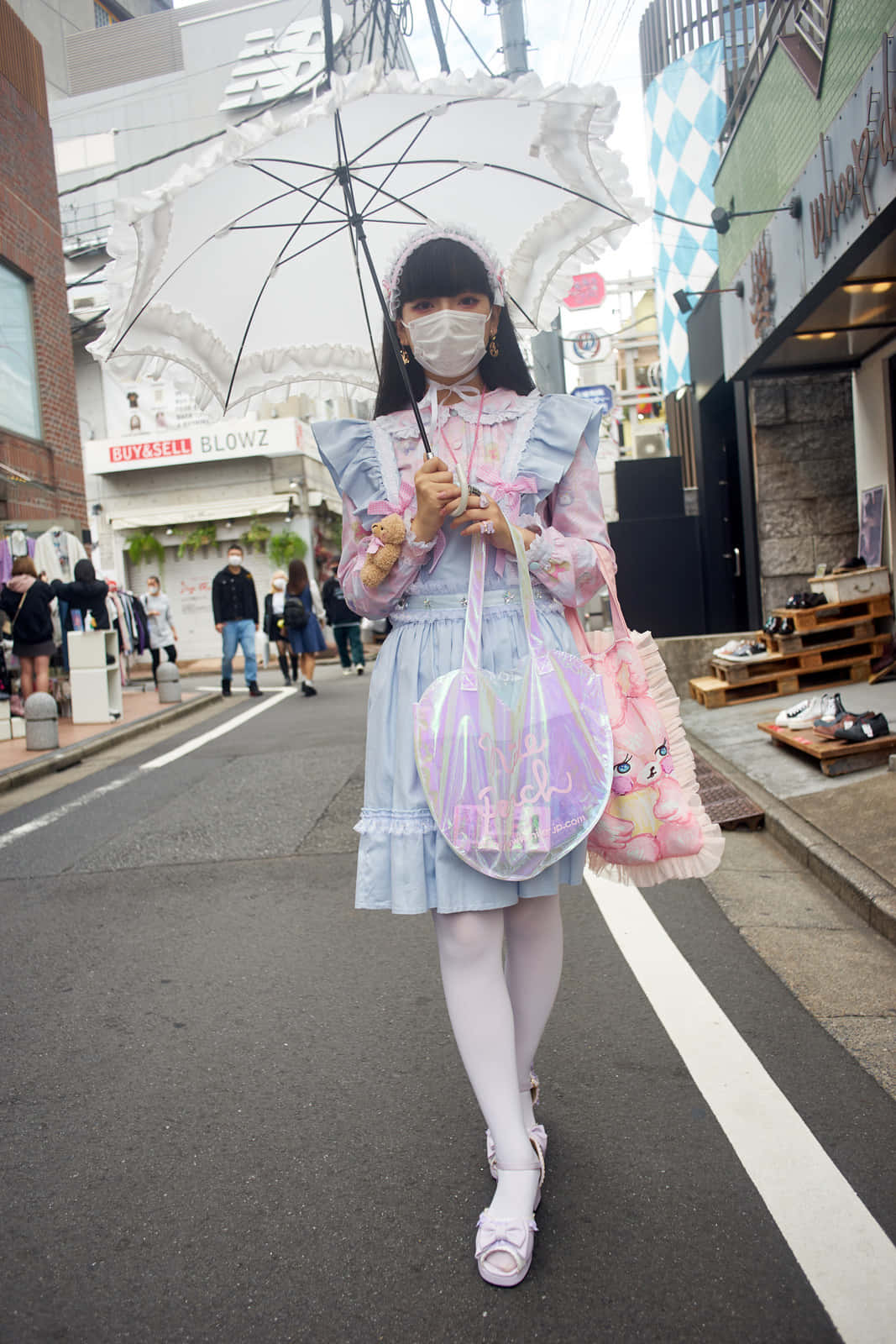 Harajuku Fashion, pastel lolita outfit, bustling urban street, HD Phone Wallpaper