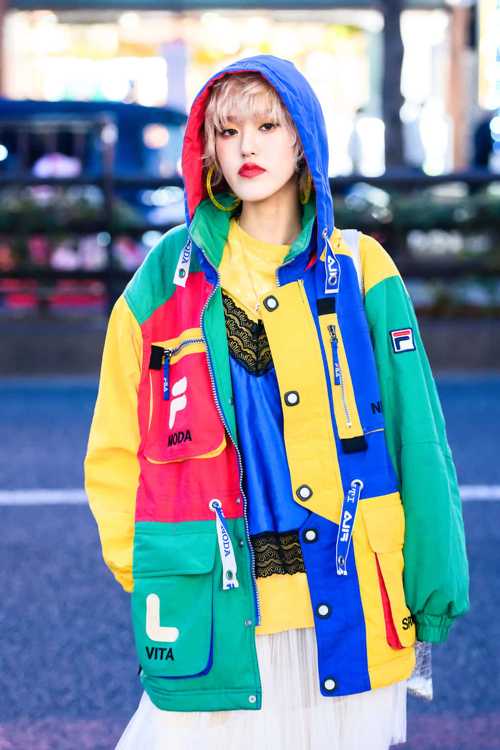 Harajuku Fashion, vibrant multicolored hooded jacket, urban night backdrop, HD Phone Wallpaper
