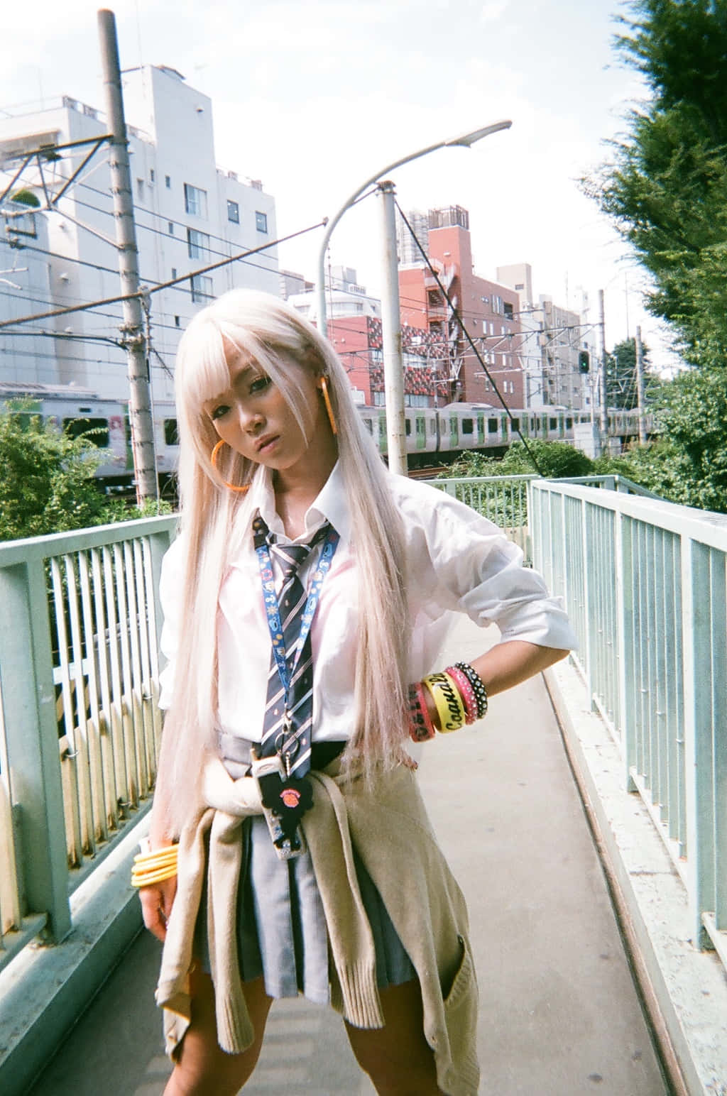 Gyaru fashion, platinum hair, oversized orange hoop earrings, HD Phone Wallpaper