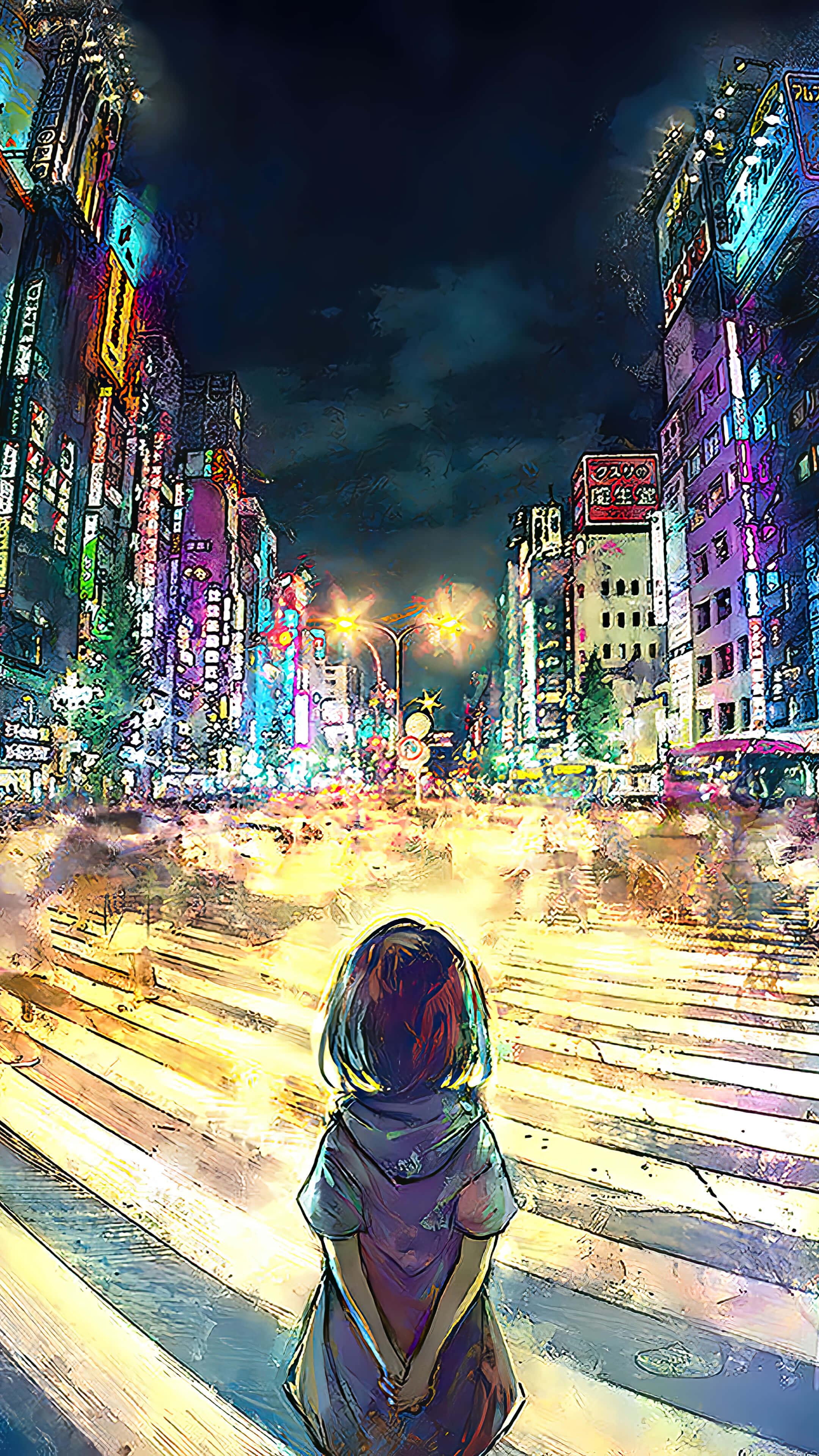 Harajuku, neon-lit cityscape, glowing crosswalk, 4K Phone Wallpaper