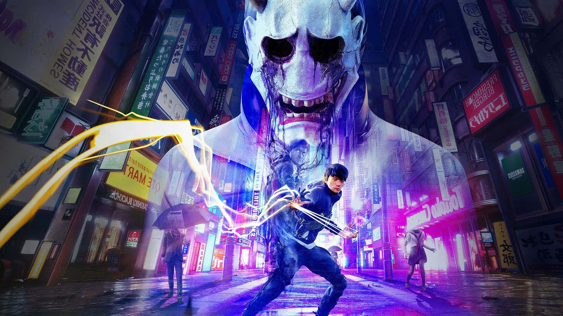 Harajuku, neon-drenched cyberpunk city street, night, Full HD Desktop Wallpaper