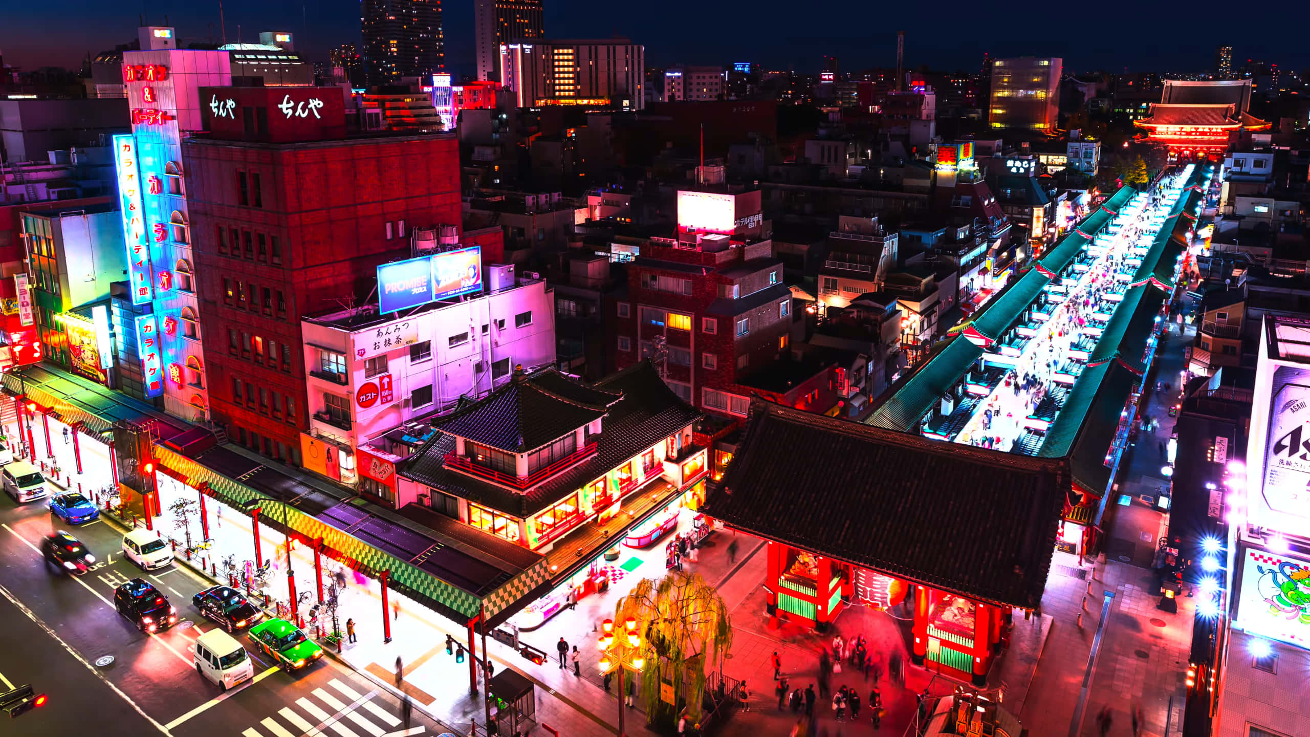 Harajuku, neon-lit, night view, 2K Desktop Wallpaper