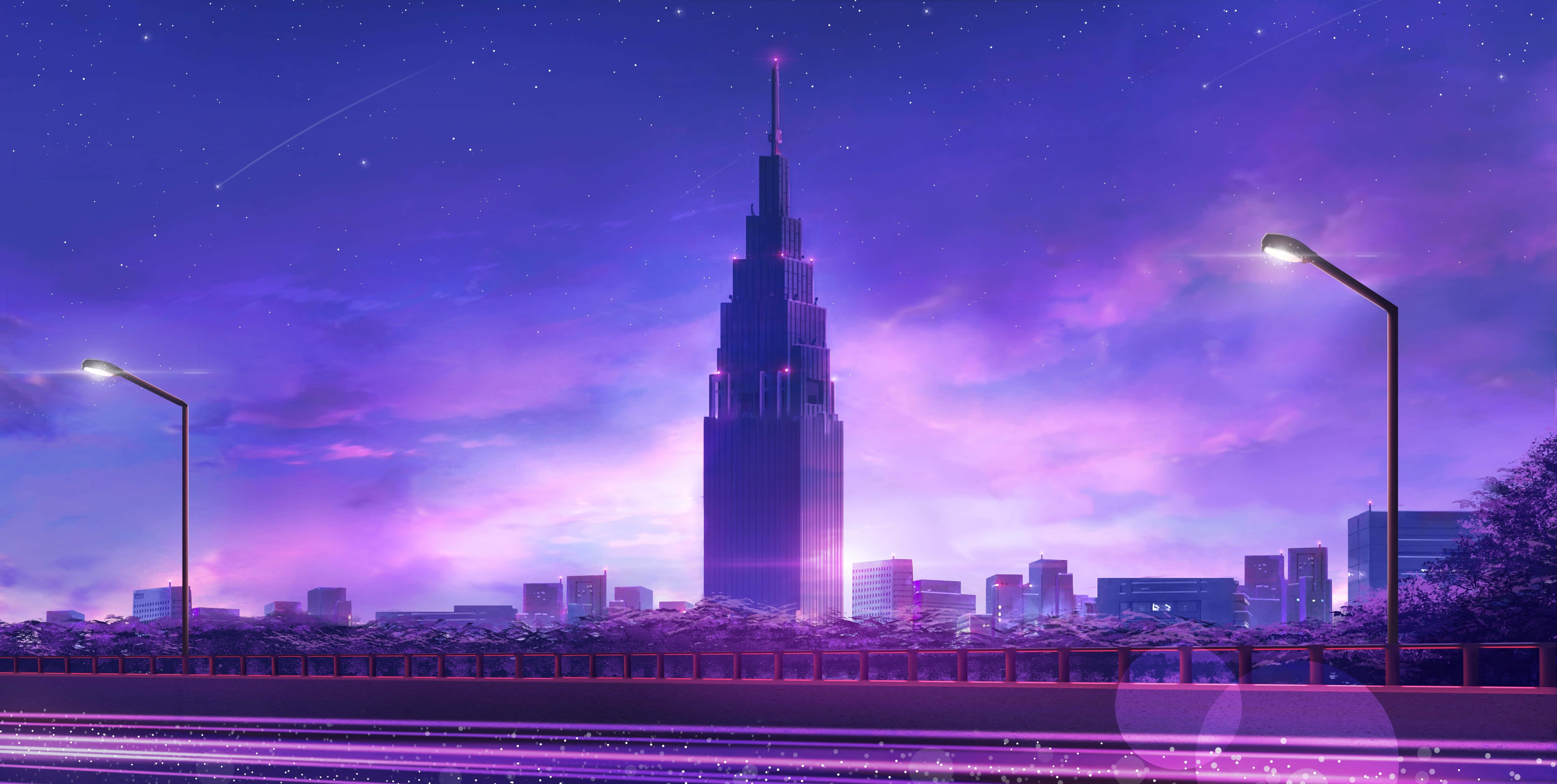 Harajuku, vibrant purple twilight sky, stars, 5K Desktop Wallpaper