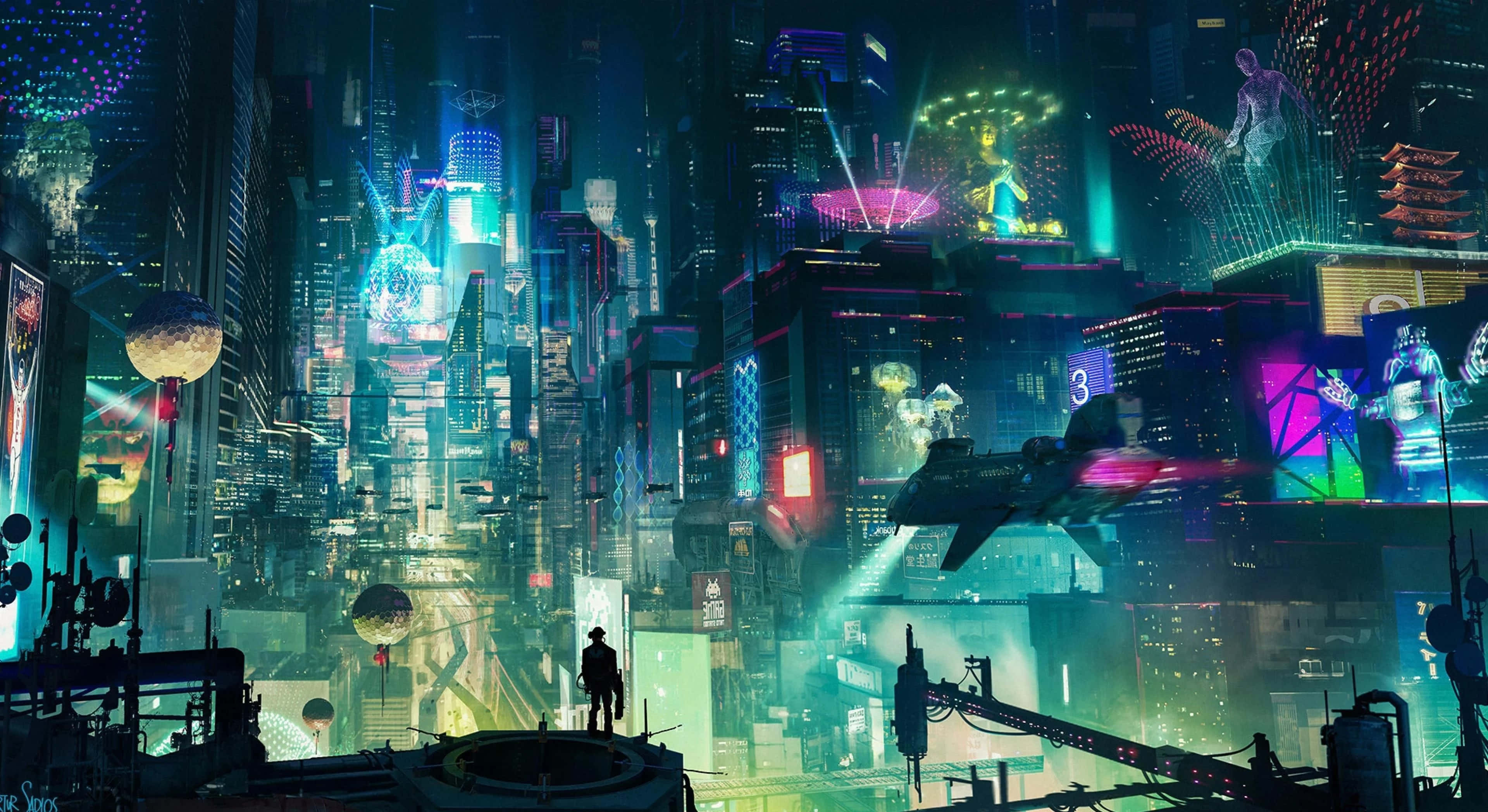 Harajuku, neon-drenched cyberpunk cityscape, flying vehicles, 4K Desktop Wallpaper