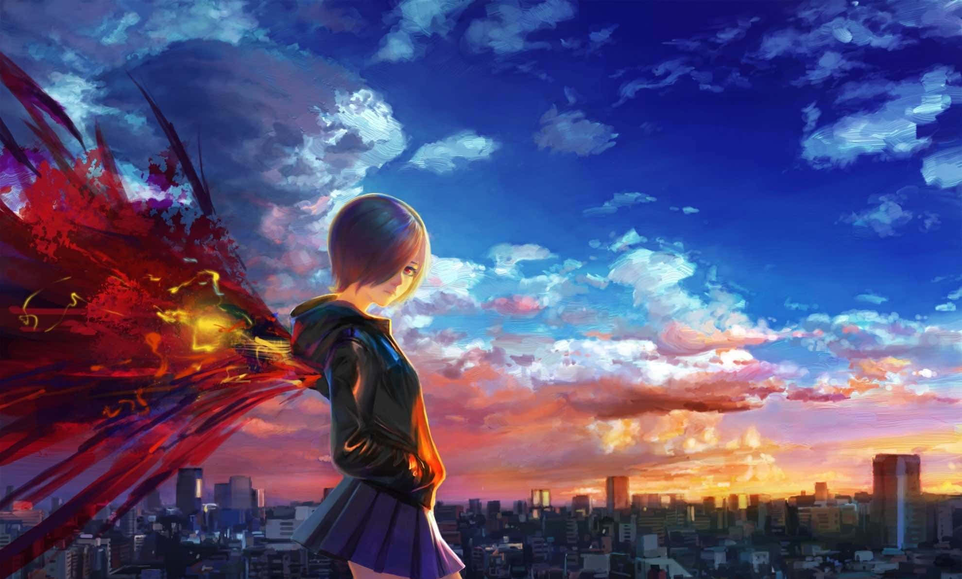 Harajuku, fiery red cape, sunset, Full HD Desktop Wallpaper