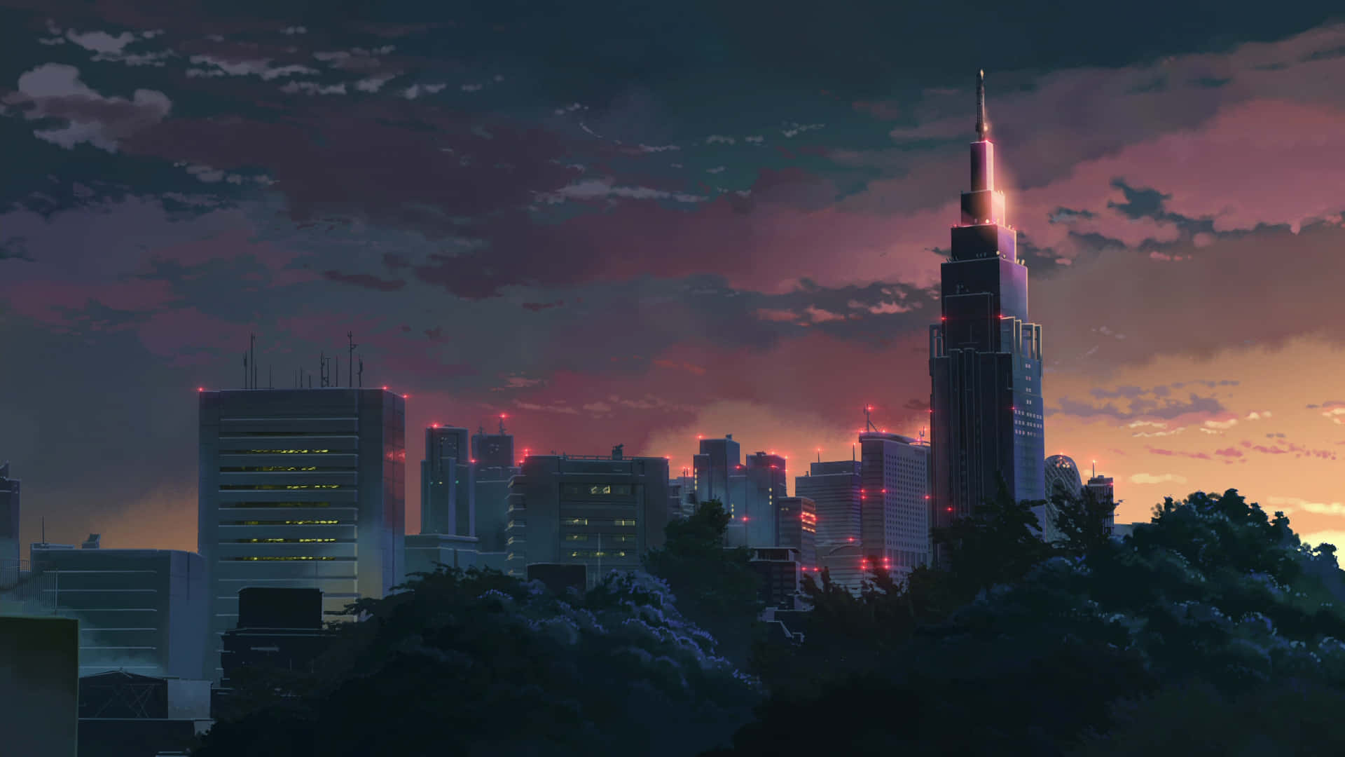 Harajuku, dusk, vibrant purple and orange sky, Full HD Desktop Wallpaper