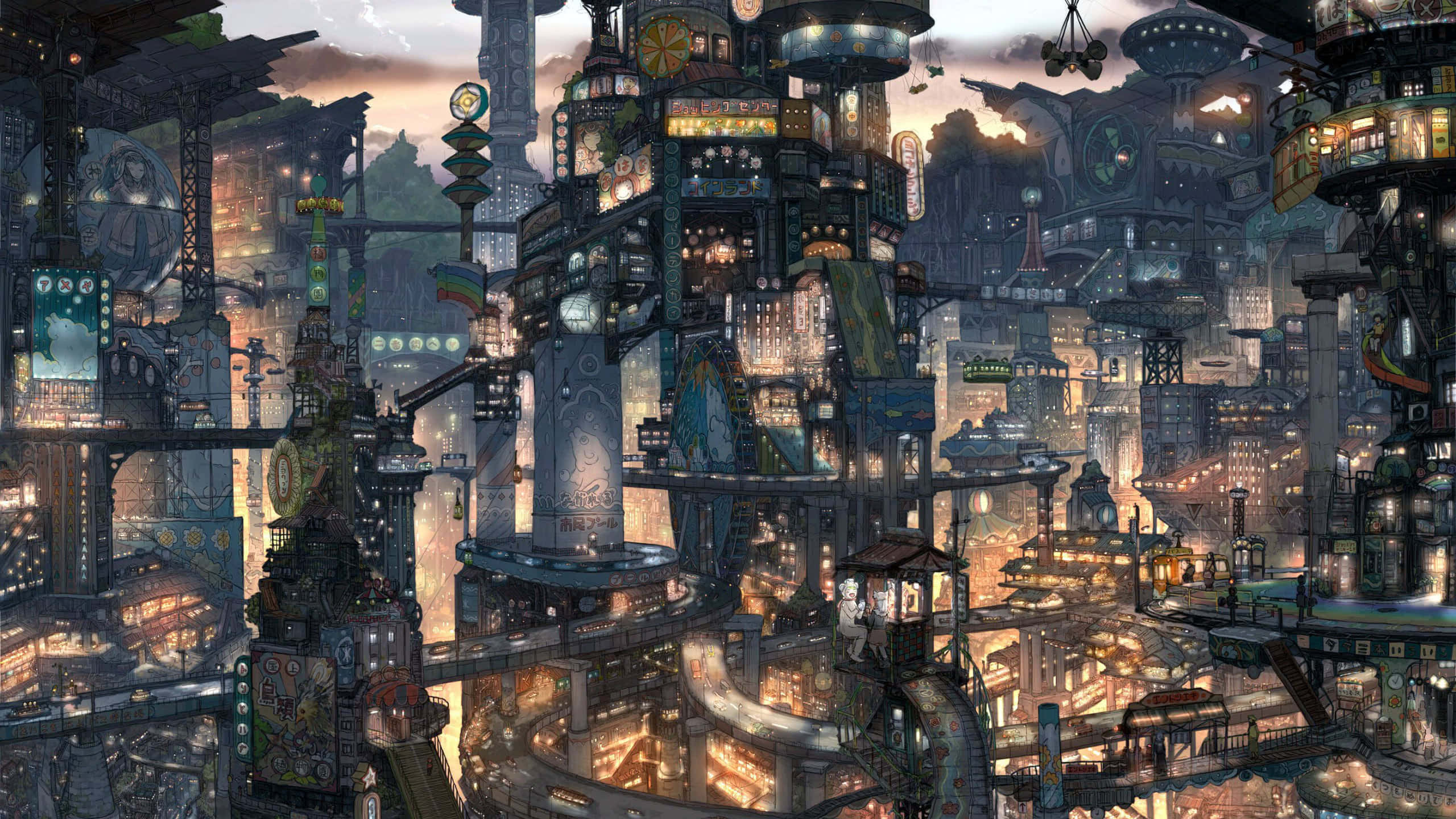 Harajuku, steampunk cityscape, dusk, 2K Desktop Wallpaper