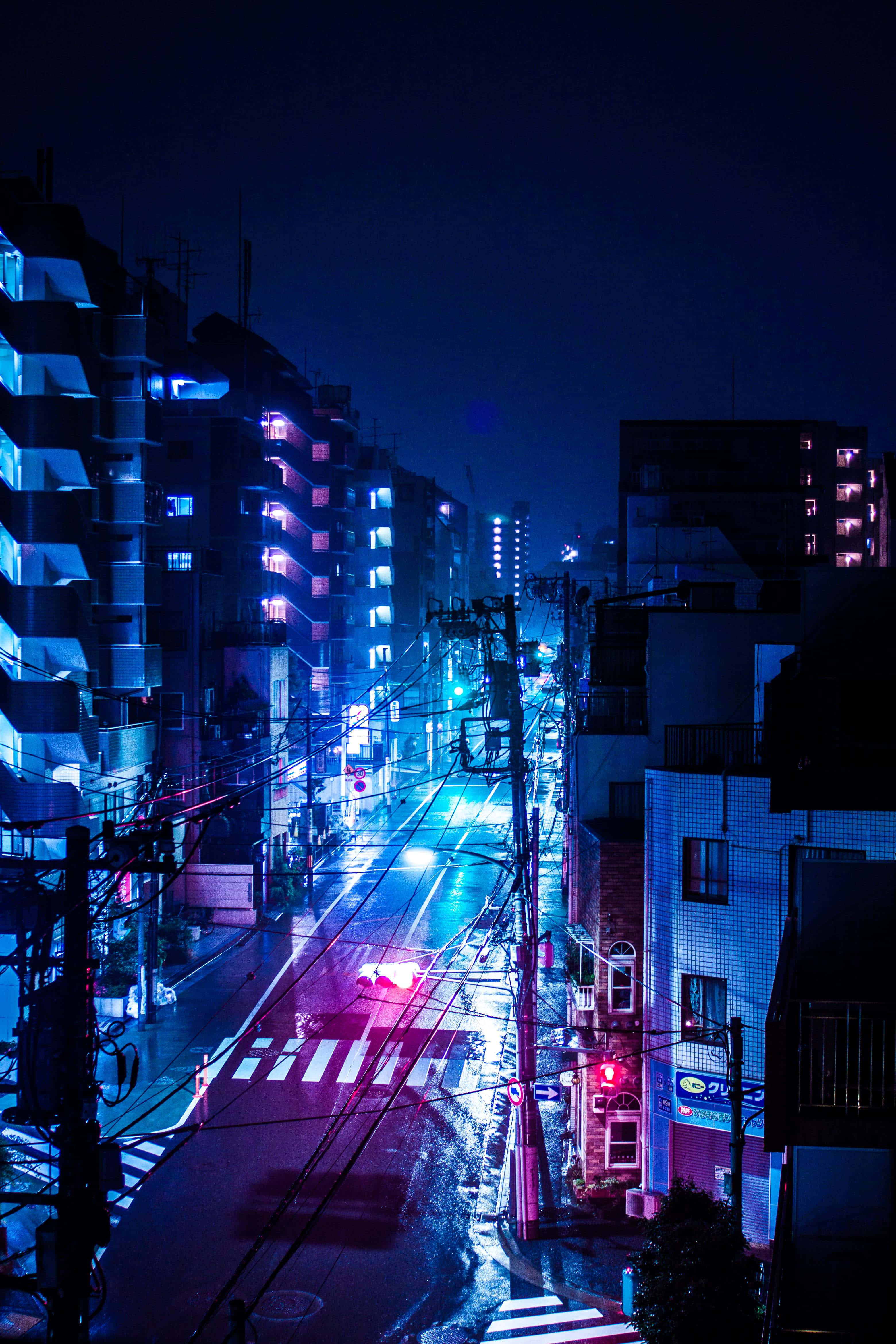 Harajuku, neon-drenched, urban street, 4K Phone Wallpaper