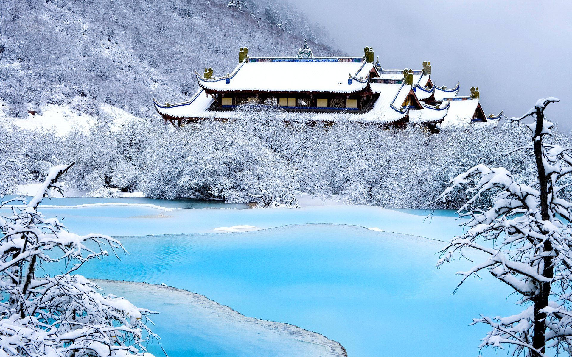 Harbin, frozen mountain, snow-covered traditional temple, Full HD Desktop Wallpaper