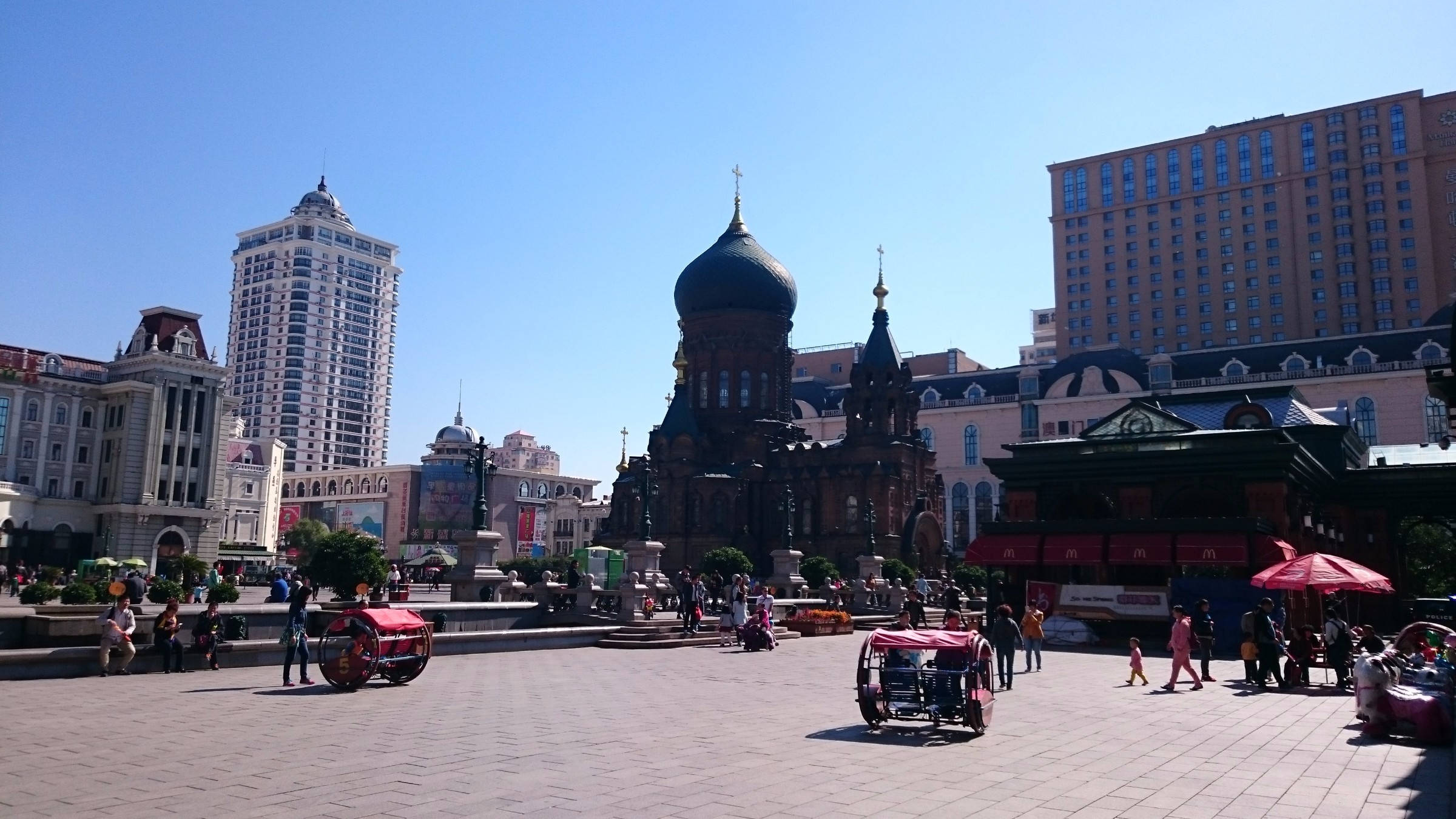 Harbin, onion-domed cathedral, red tricycle taxis, Full HD Desktop Wallpaper