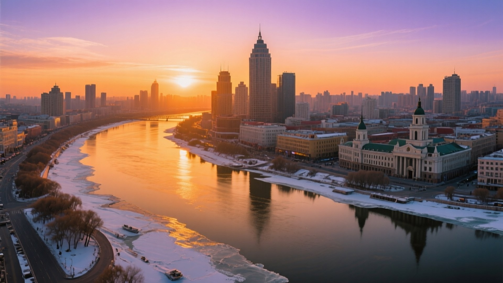 Harbin, skyline, sunset, Full HD Desktop Wallpaper