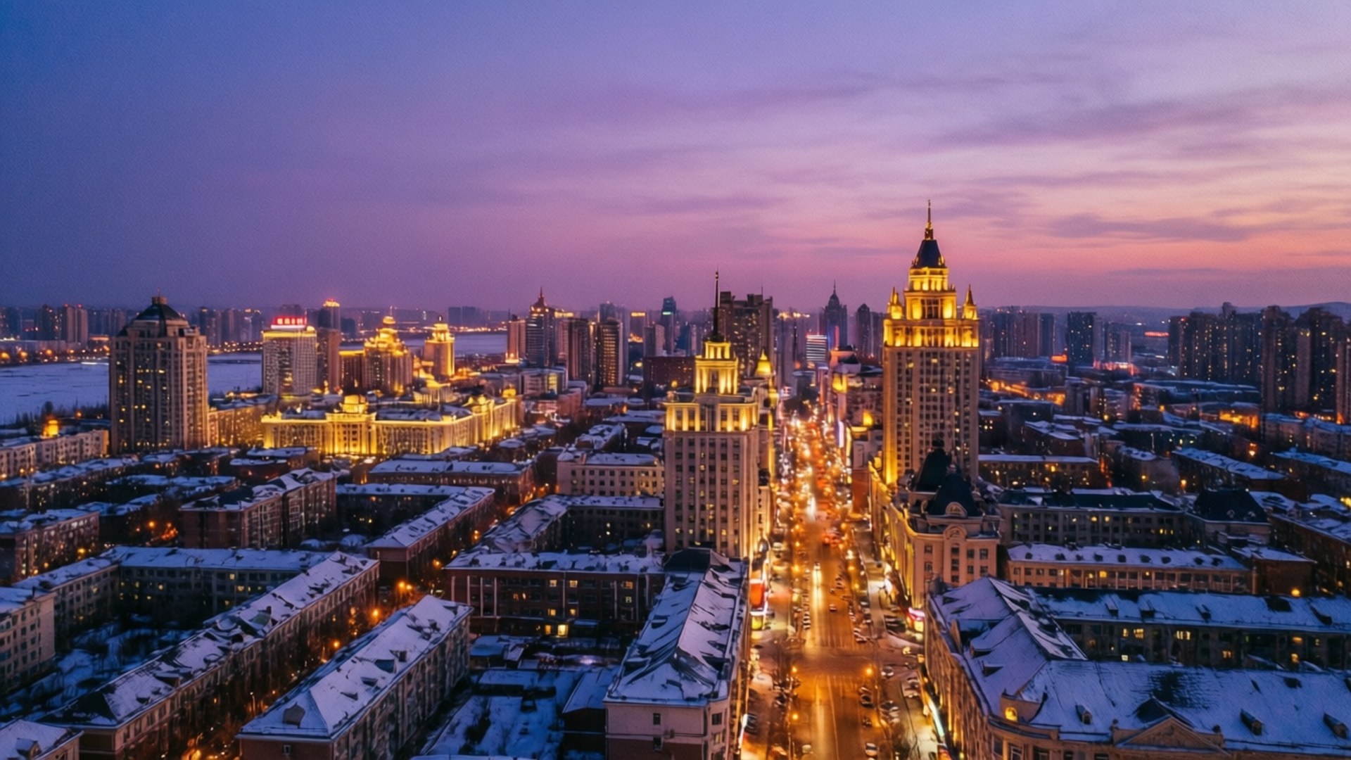 Harbin, dusk, skyline, Full HD Desktop Wallpaper