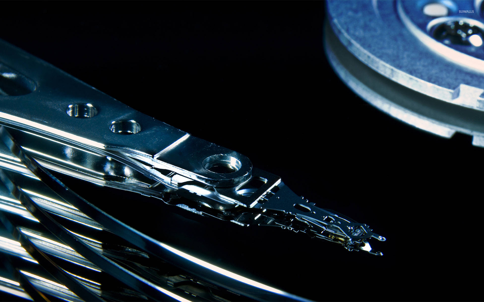 computer hard drive, read write head, gleaming metallic components, Full HD Desktop Wallpaper