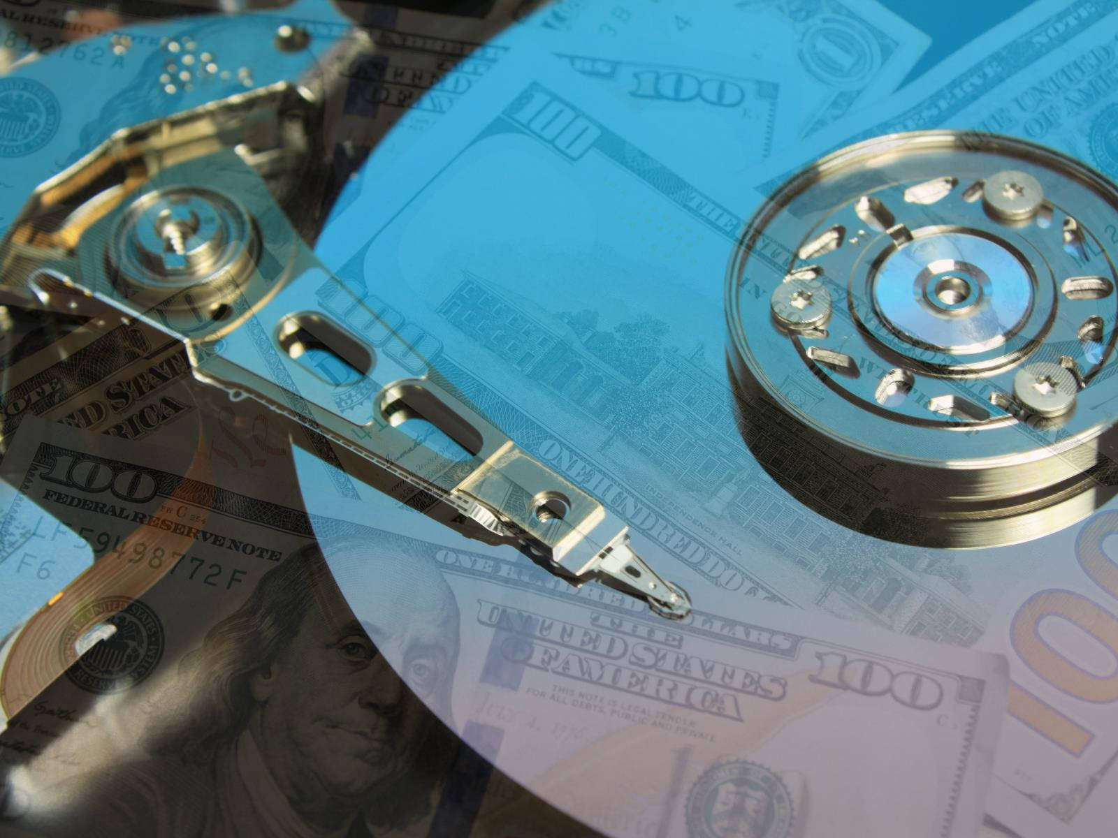 Computer Hard Drive Disk, shiny open hard drive platters, blue-tinted hundred dollar bills, HD Desktop Wallpaper