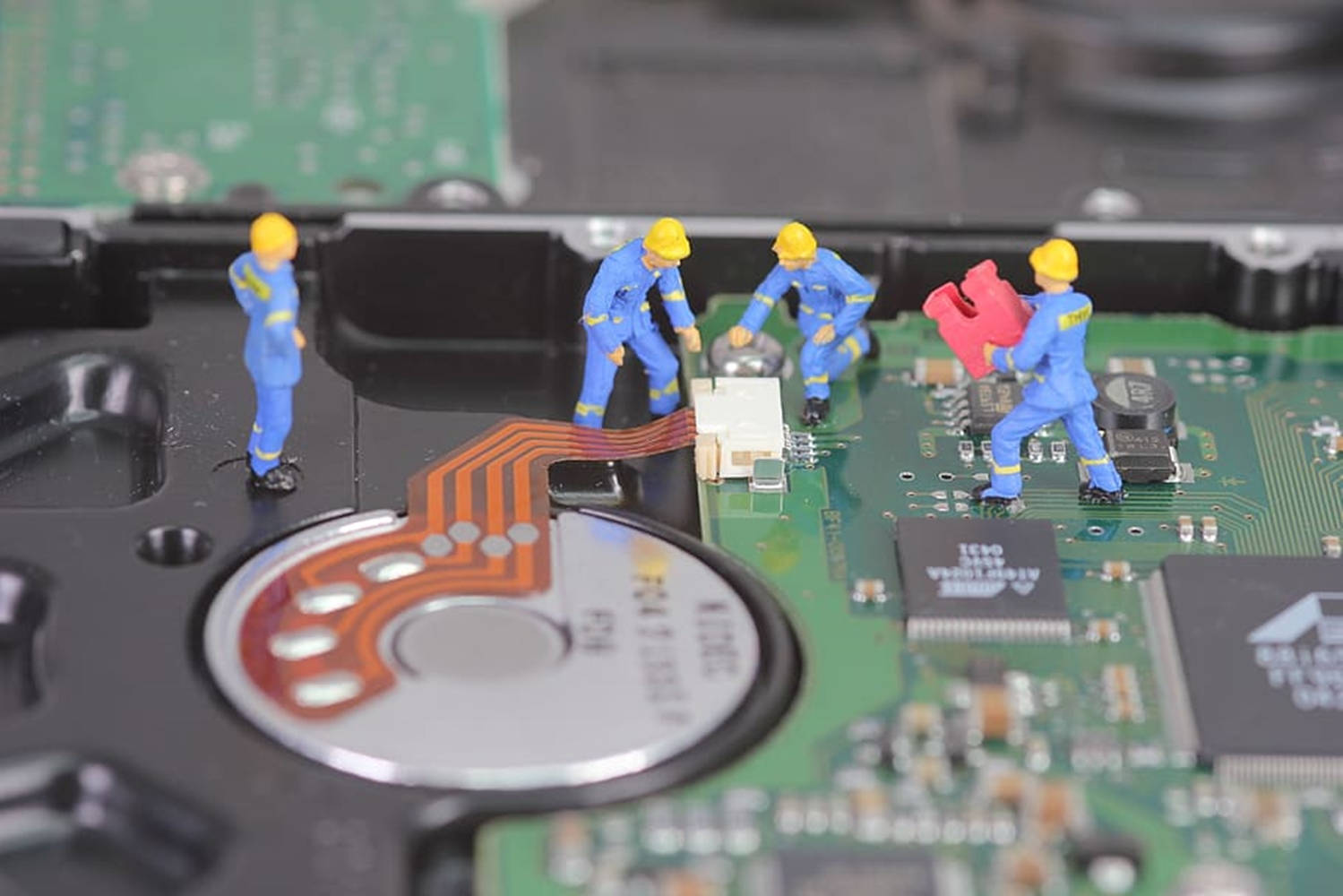 computer hard drive, miniature toys, blue uniforms, HD Desktop Wallpaper