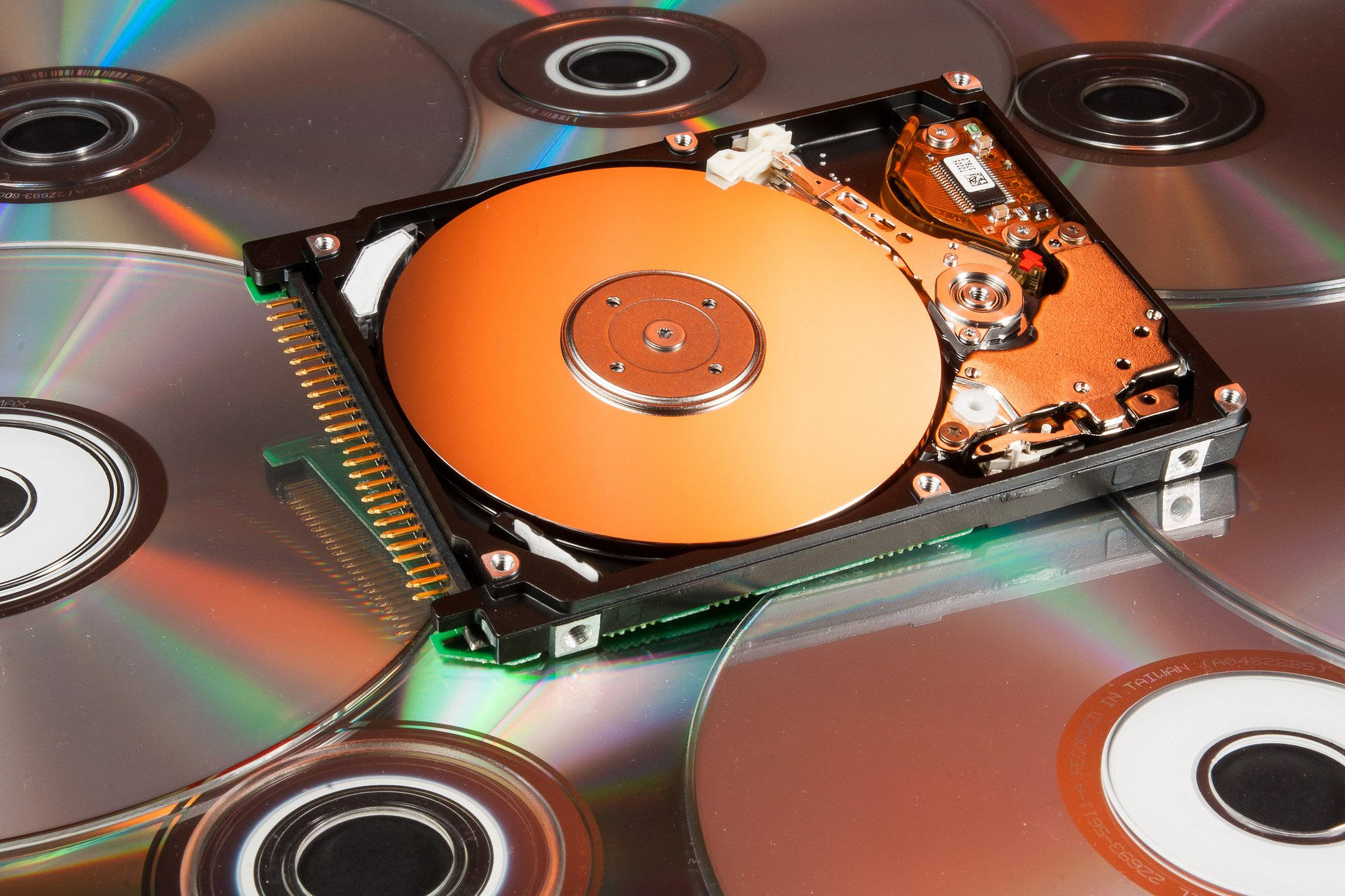 computer hard drive, orange platter, compact discs, Full HD Desktop Wallpaper