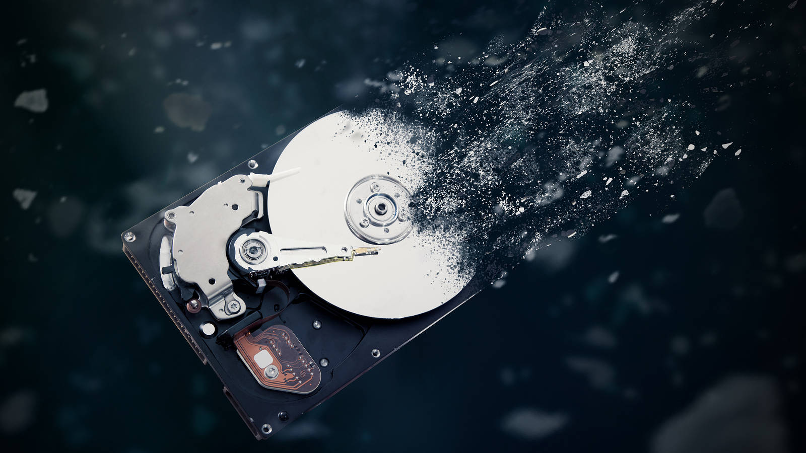 hard drive, shattered, metallic fragments, HD Desktop Wallpaper