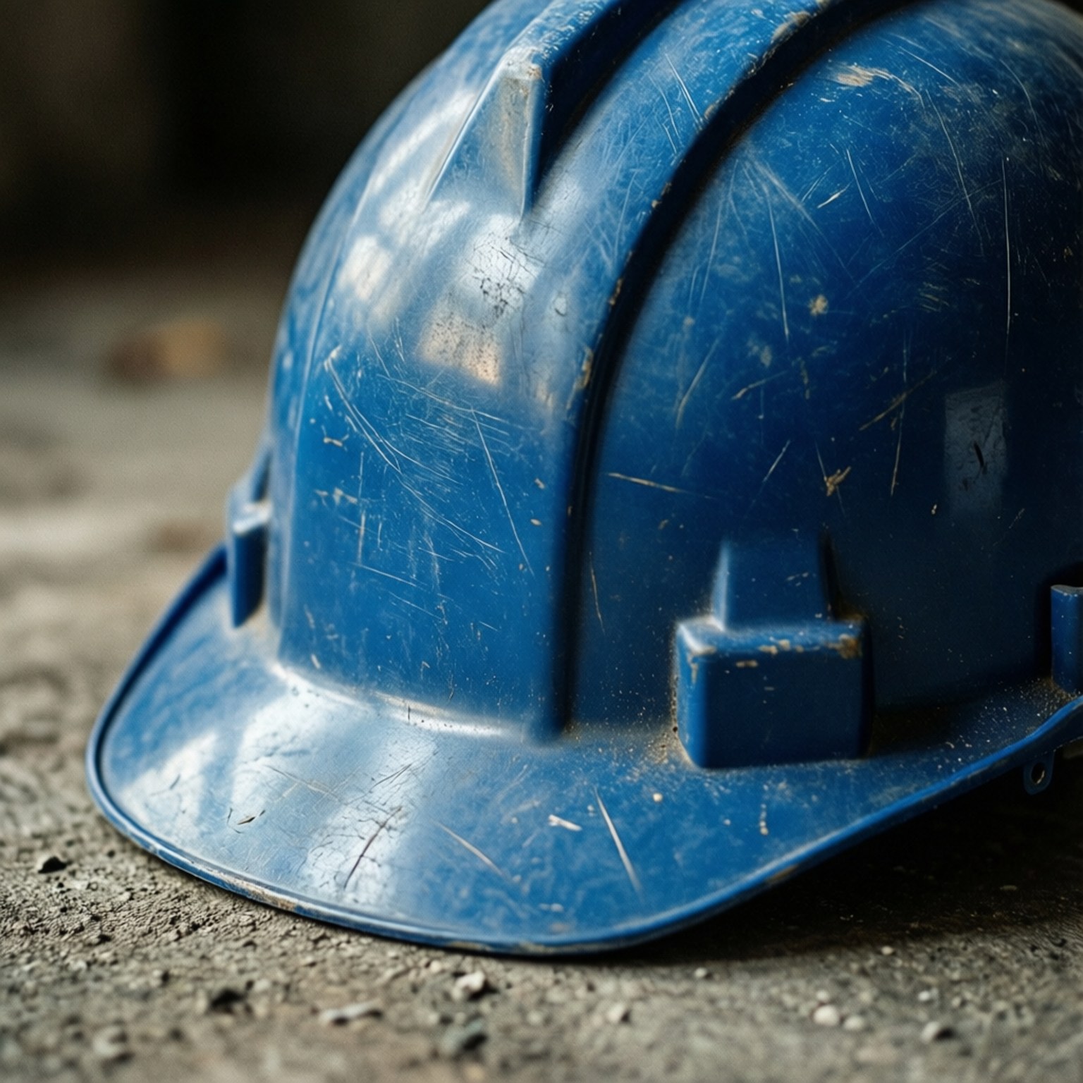 worn blue hard hat, scratched blue hard hat, concrete, HD Desktop Wallpaper