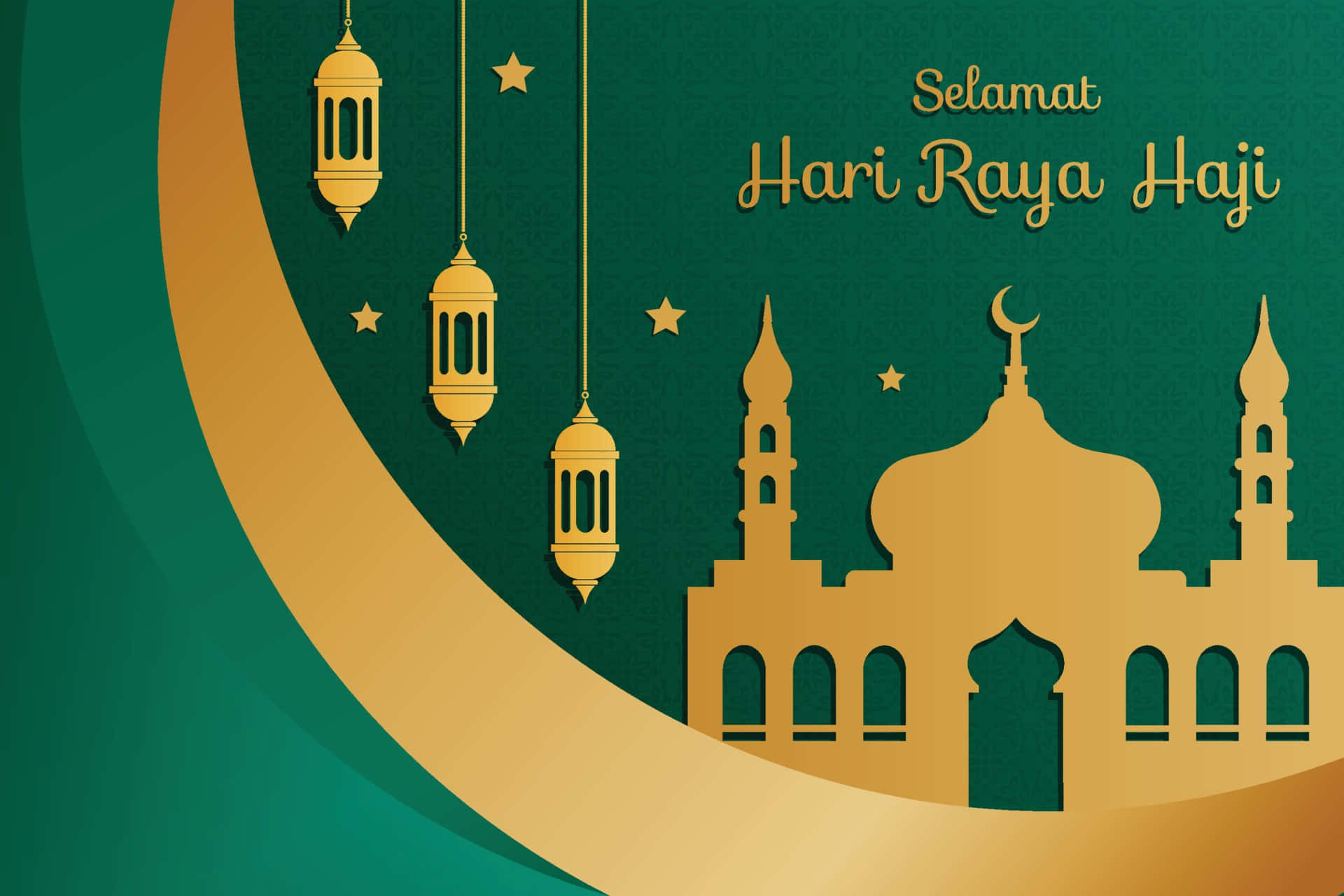 Hari Raya Haji, golden mosque silhouette, hanging lanterns, Full HD Desktop Wallpaper