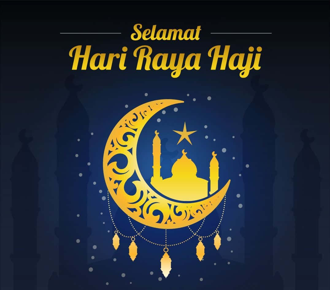 Hari Raya Haji, golden crescent moon, mosque silhouette, SD Desktop Wallpaper