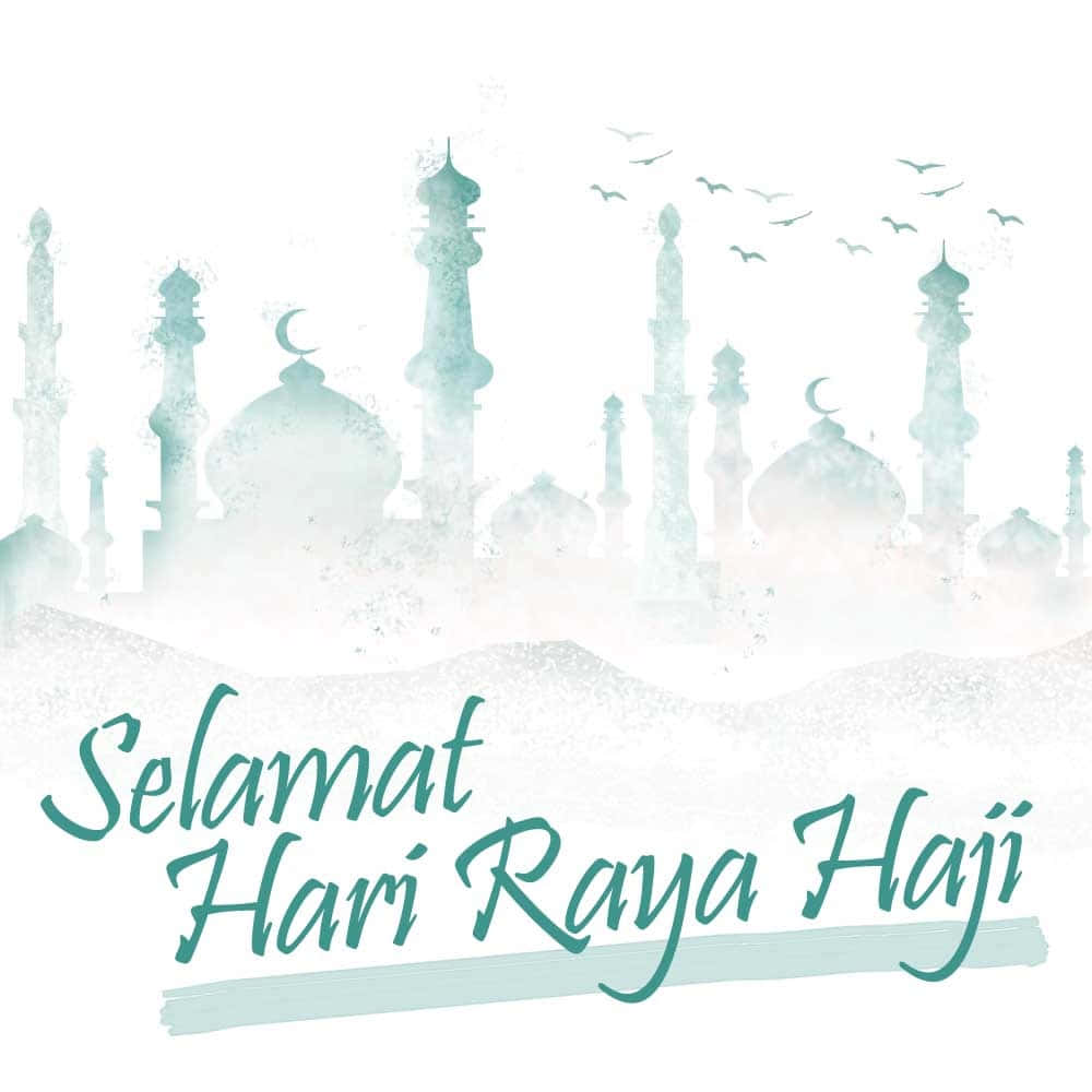 Hari Raya Haji, teal watercolor illustration, mosque silhouettes, SD Desktop Wallpaper