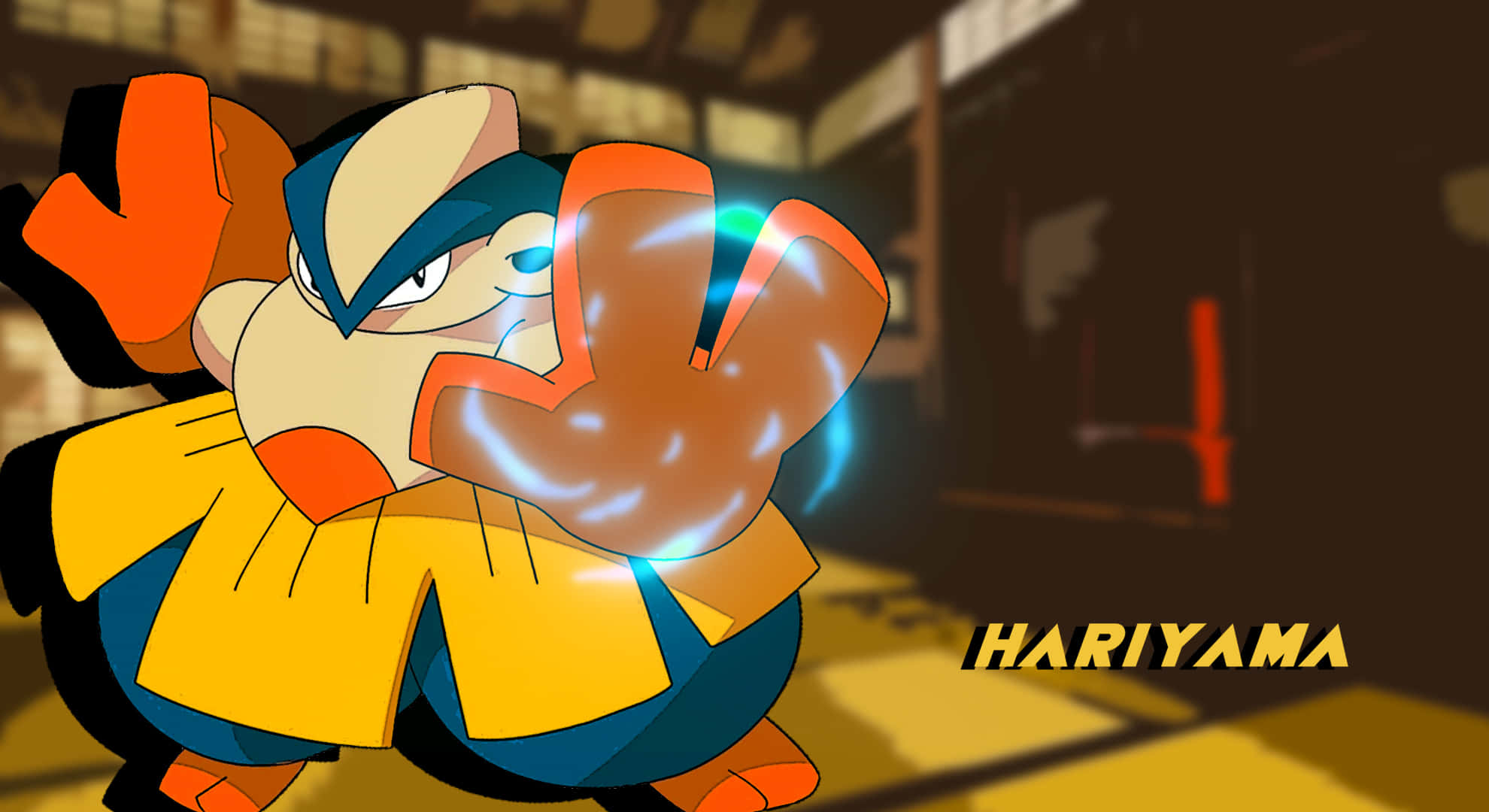 Hariyama, martial arts stance, glowing blue energy, Full HD Desktop Wallpaper