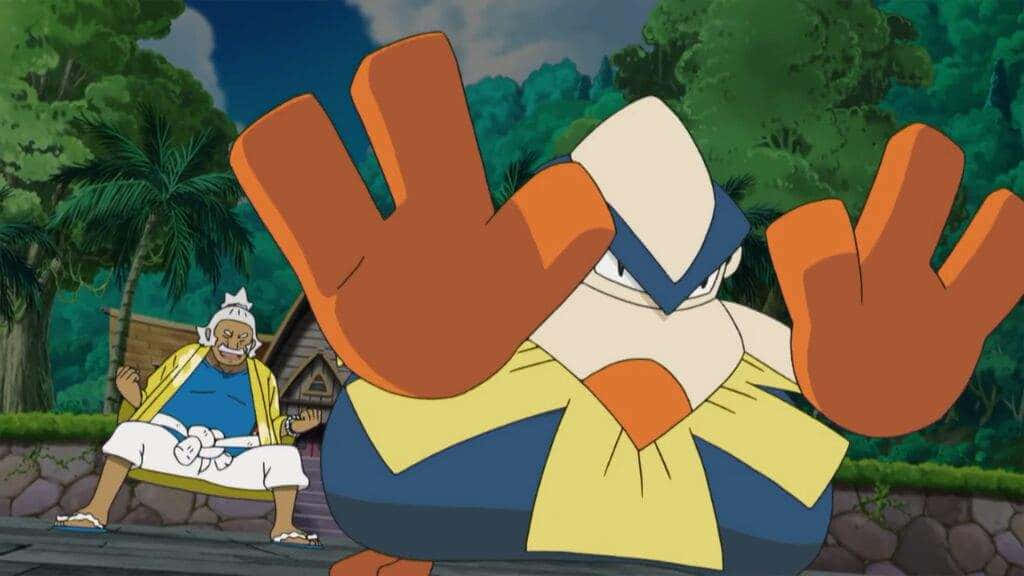 Hariyama, jungle clearing, orange hands, SD Desktop Wallpaper