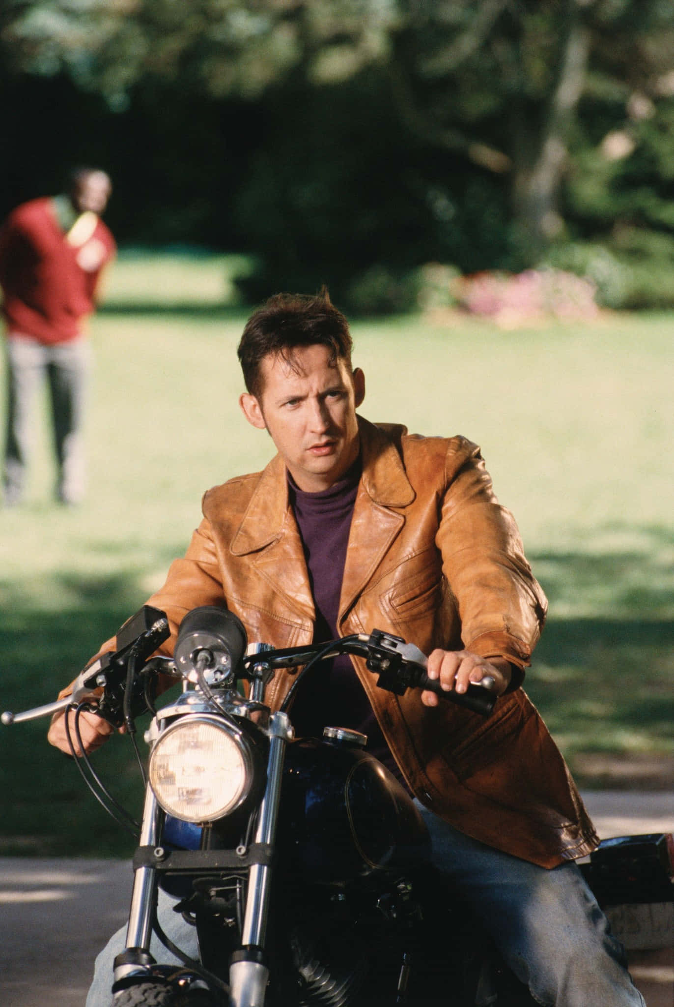 Harland Williams, brown leather jacket, black motorcycle, Full HD Phone Wallpaper
