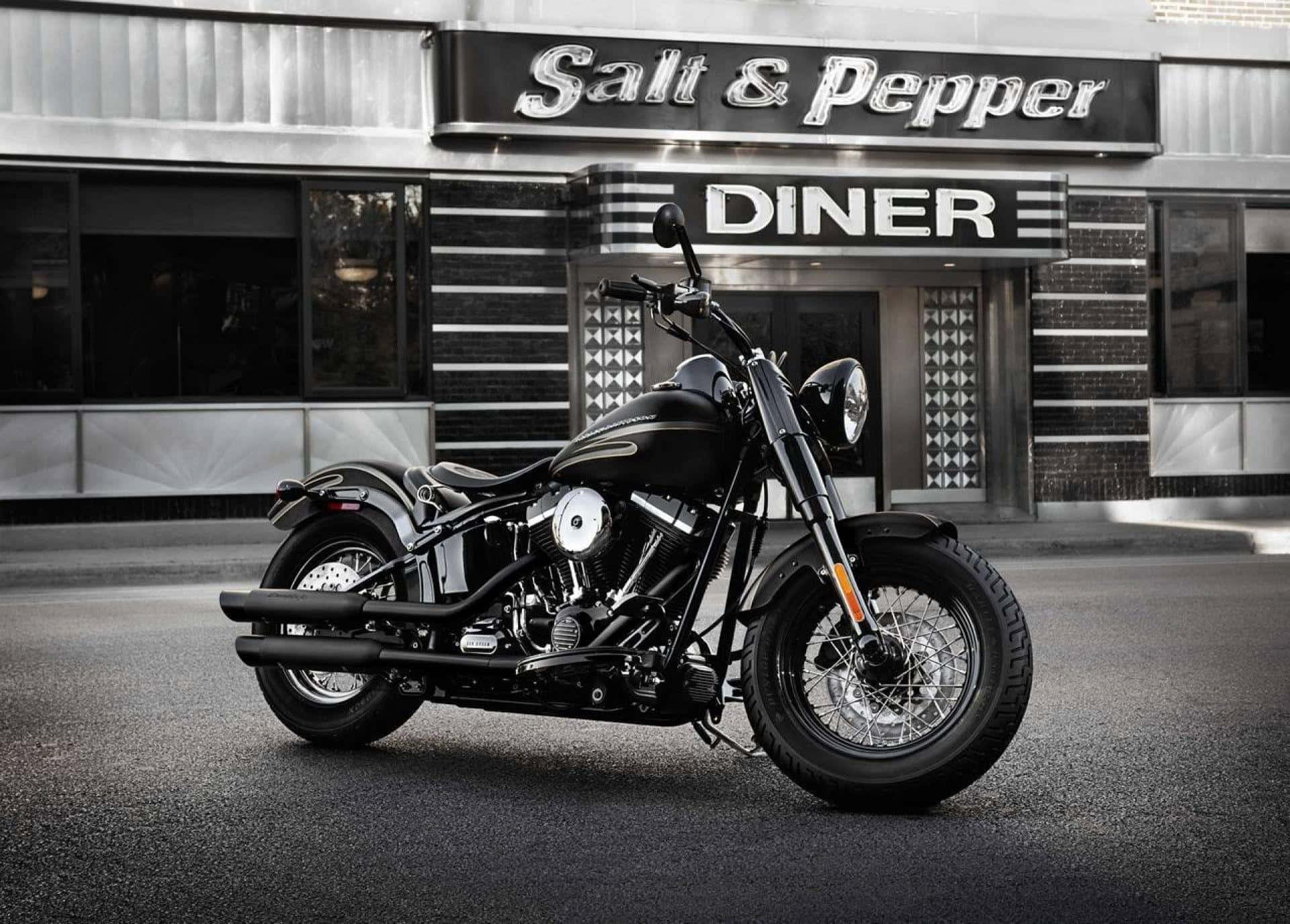 Harley Davidson HD, sleek black motorcycle, retro diner, Full HD Desktop Wallpaper